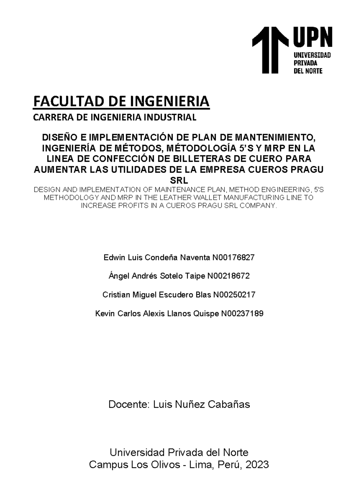 Capstone Project: Diseño de Plan de Mantenimiento y Metodologías en Ingeniería 5 - Document Preview