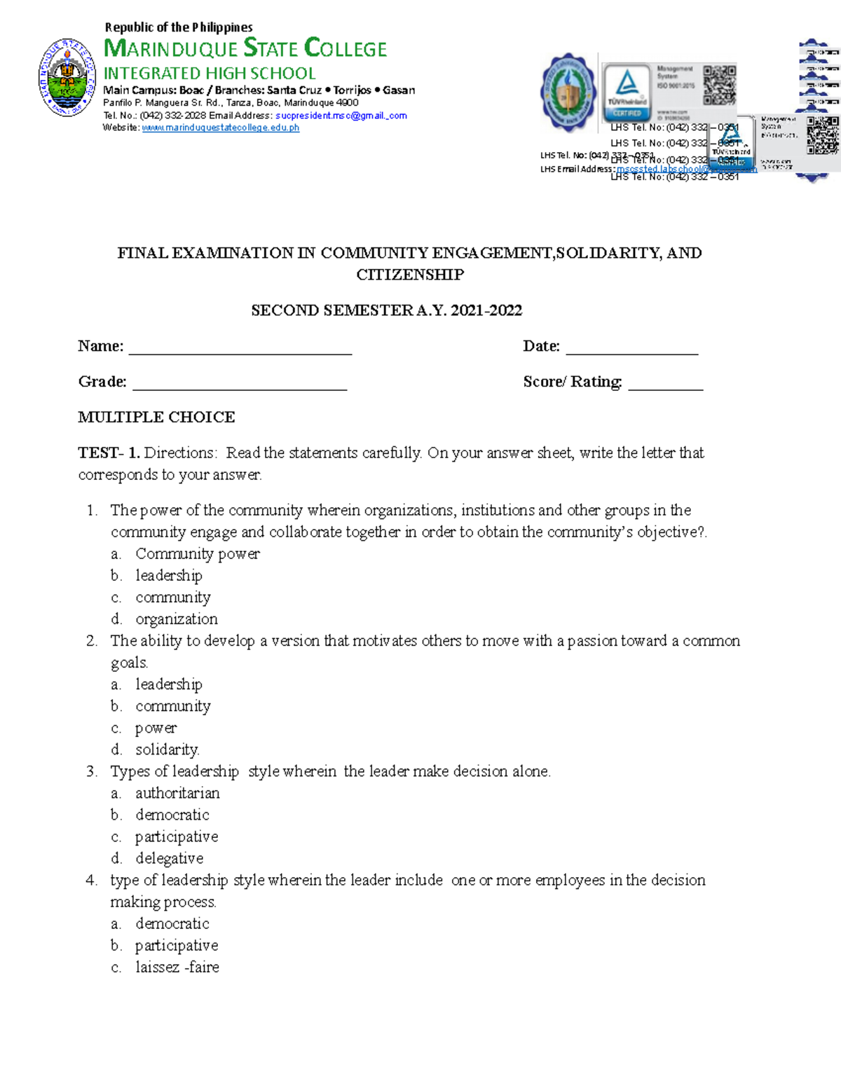 Final Exam in Community Engagement and Citizenship (AY 2021) - Studocu