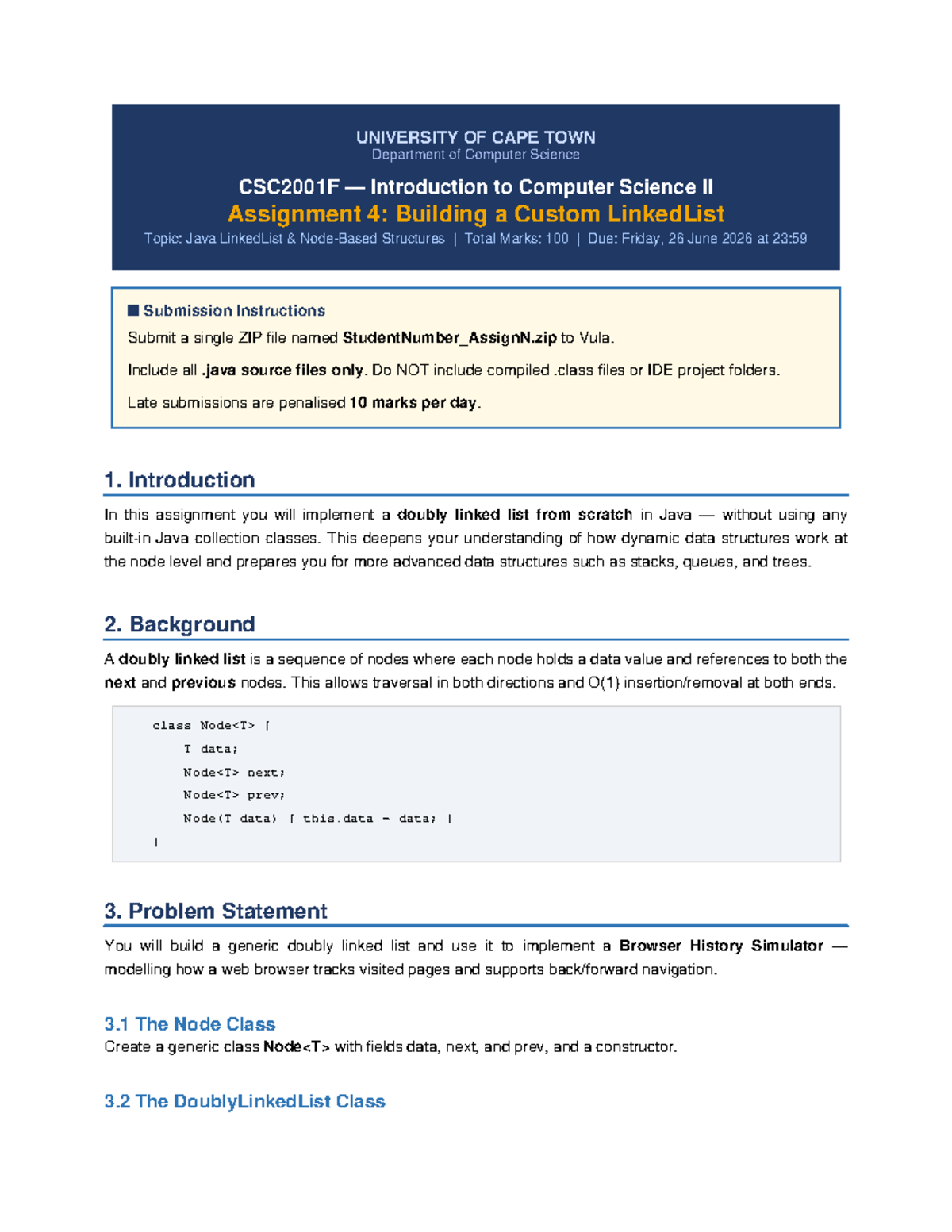 CSC2001F Assignment 4: Custom Java Doubly LinkedList Implementation ...