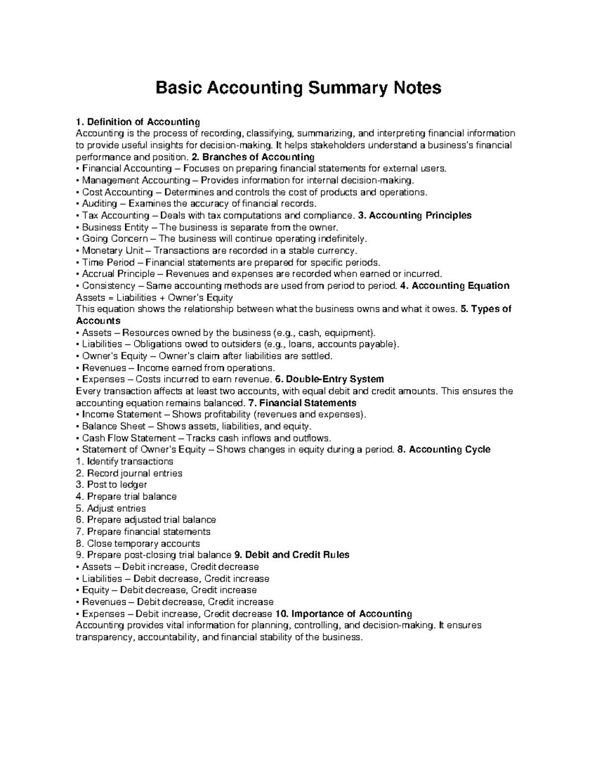 Basic Accounting Summary Notes: Key Concepts & Principles - Studocu