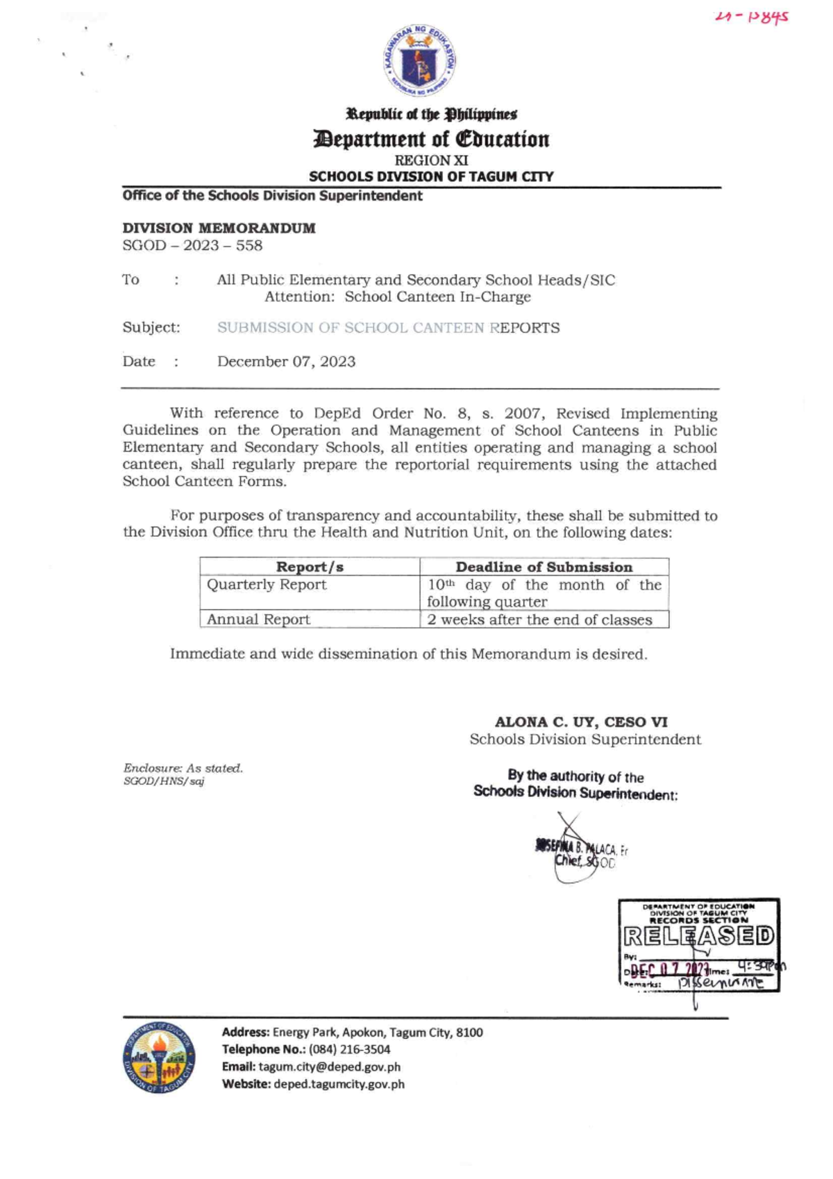 DM SGOD 558 Submission of School Canteen Reports - Dec 2023 - Studocu
