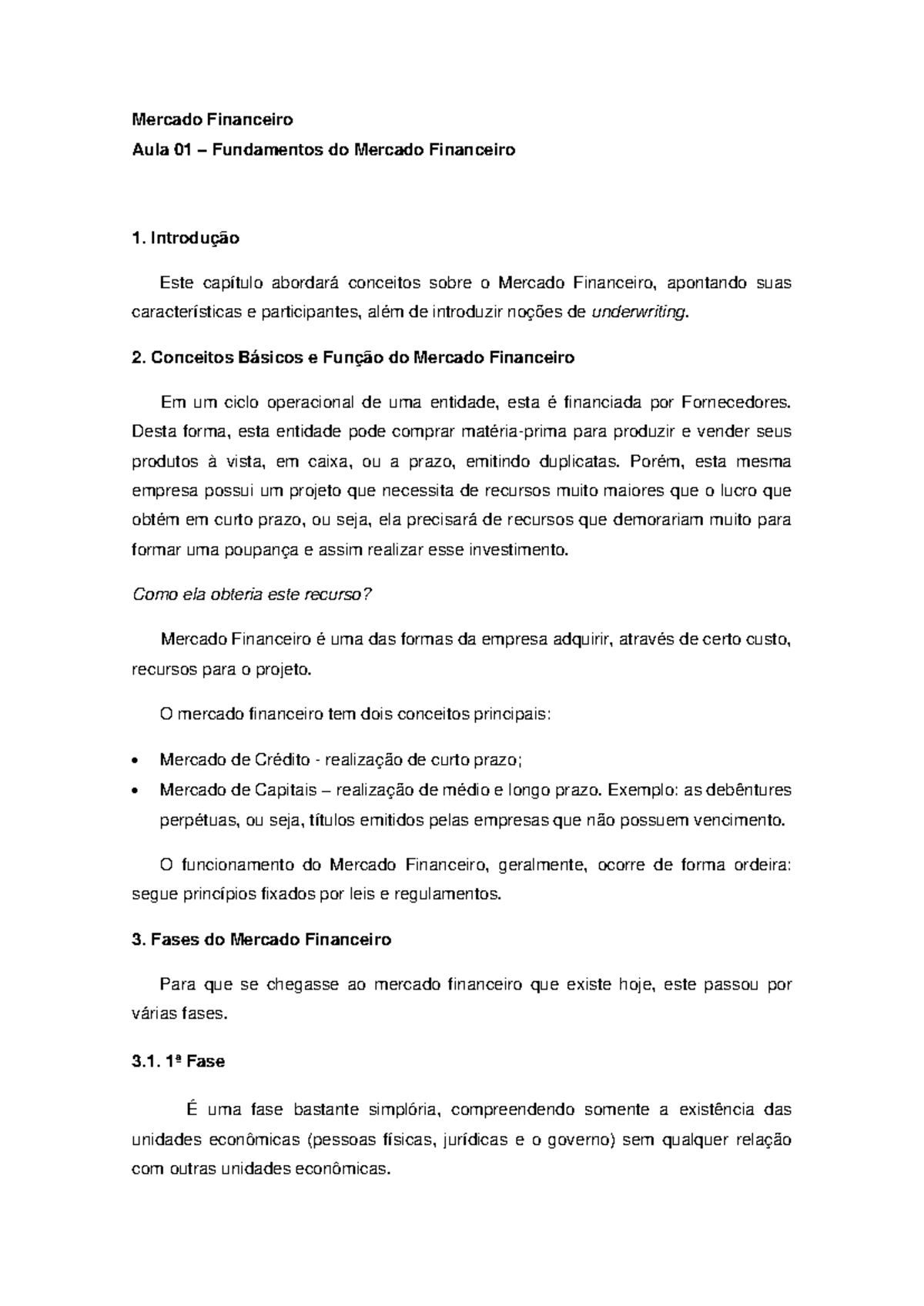 MIF Aula 01 - Fundamentos do Mercado Financeiro e Underwriting - Studocu