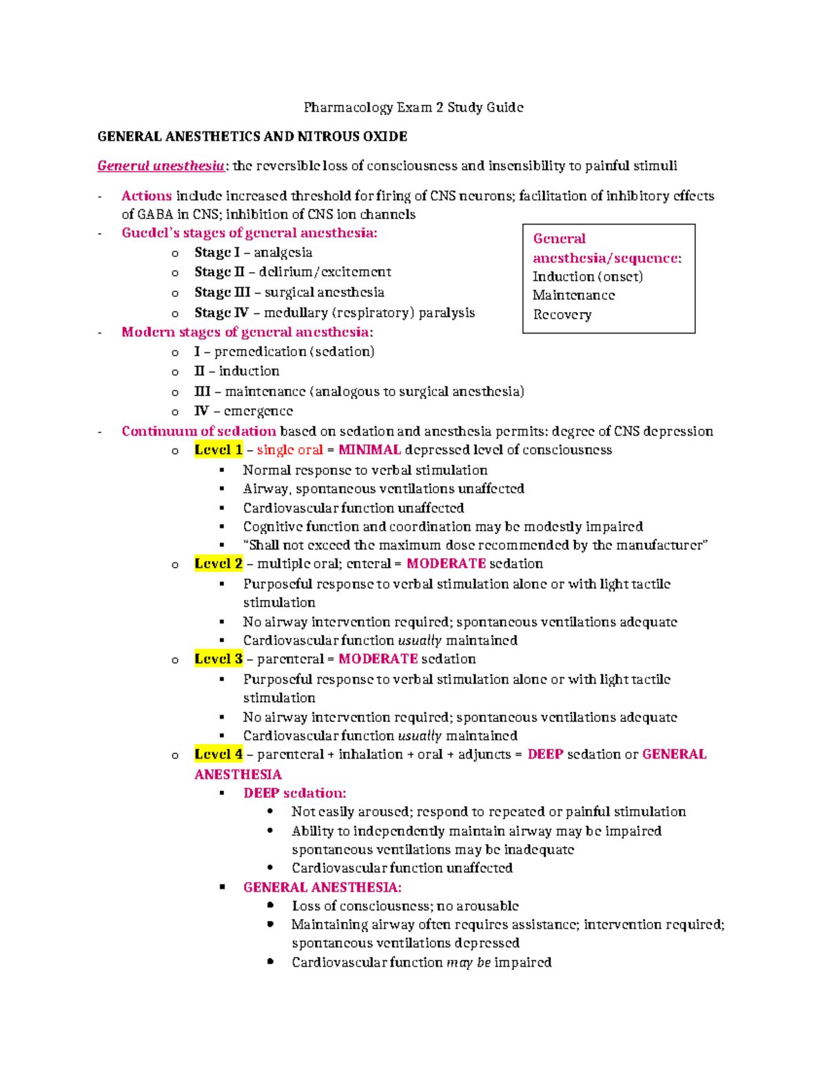 Pharmacology Exam 2 Study Guide: Key Concepts & Anesthesia Overview ...
