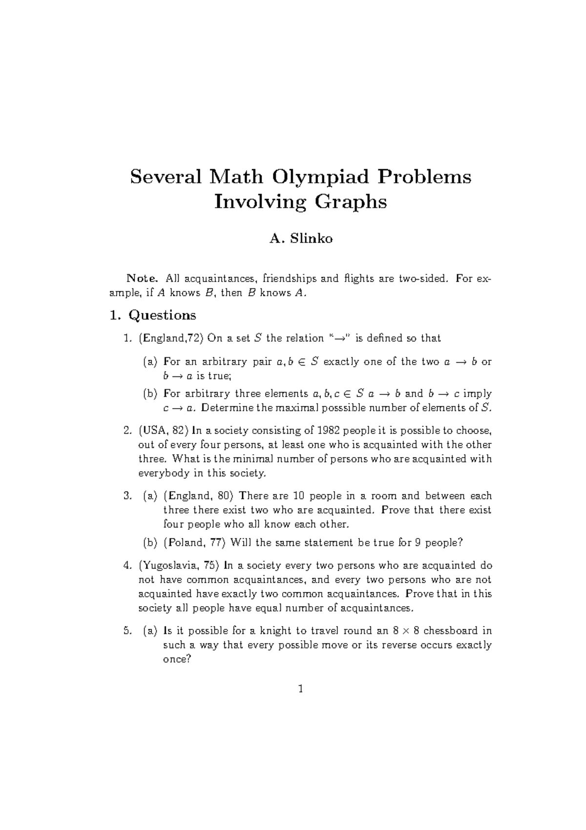 Math Olympiad Problems Involving Graphs - A. Slinko Note - Studocu