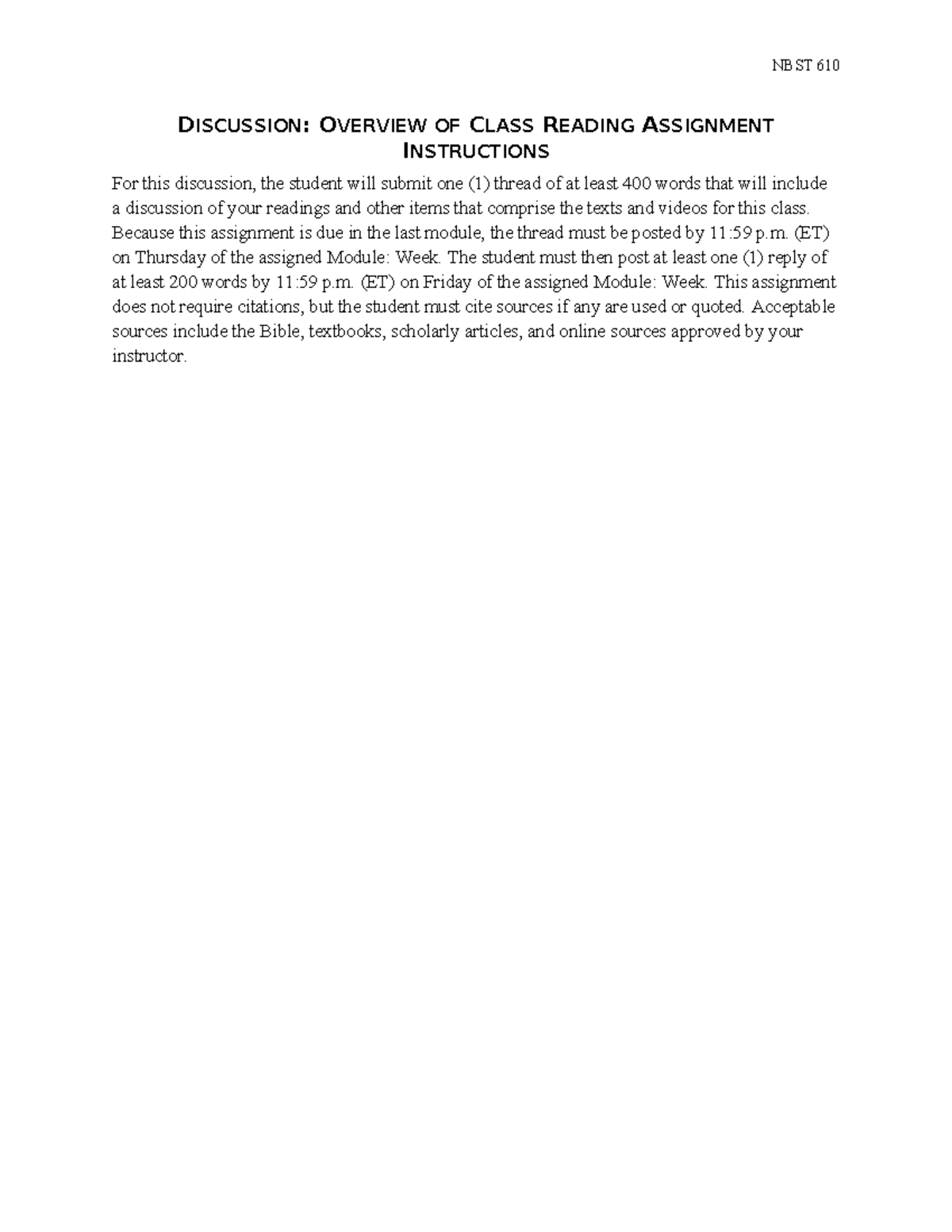 NBST 610 Discussion Overview: Class Reading Assignment Instructions ...