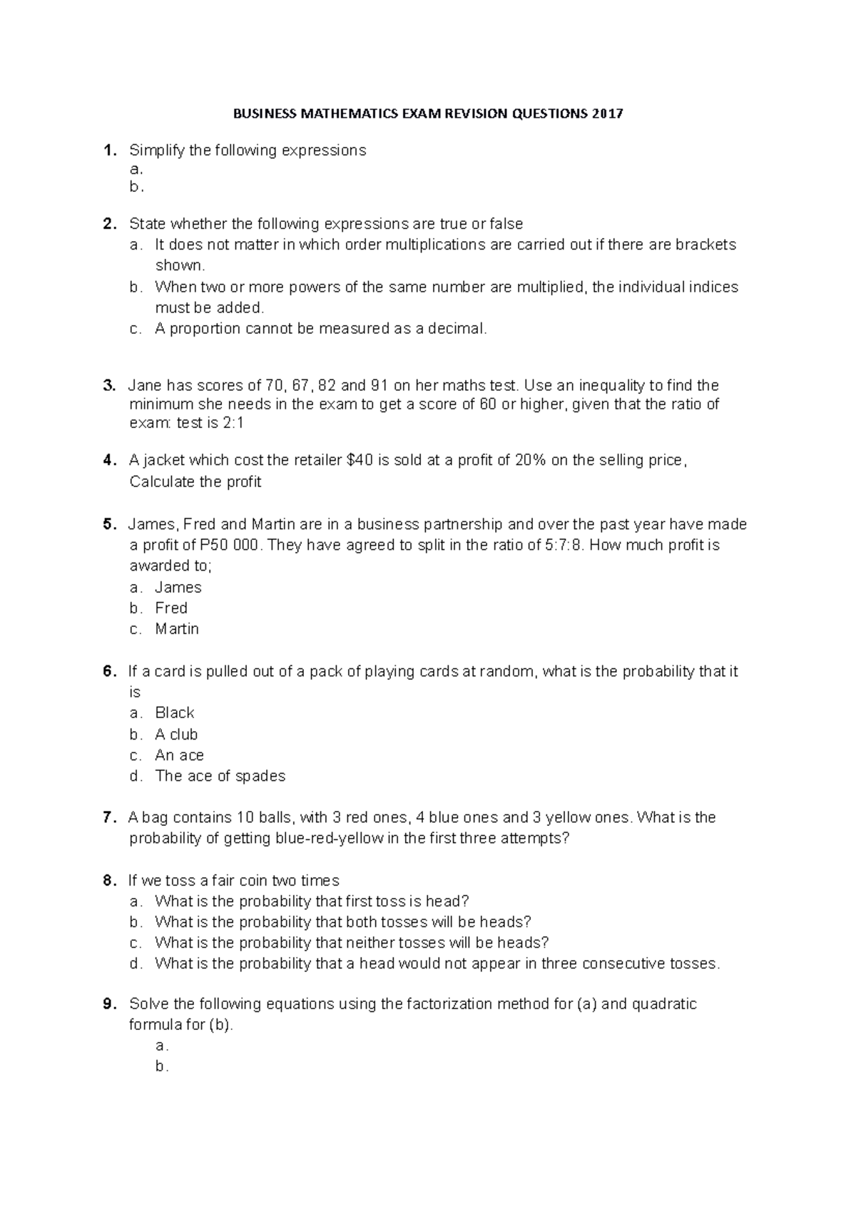 Business Maths (MATH101) Exam Revision Questions 2017 - Studocu