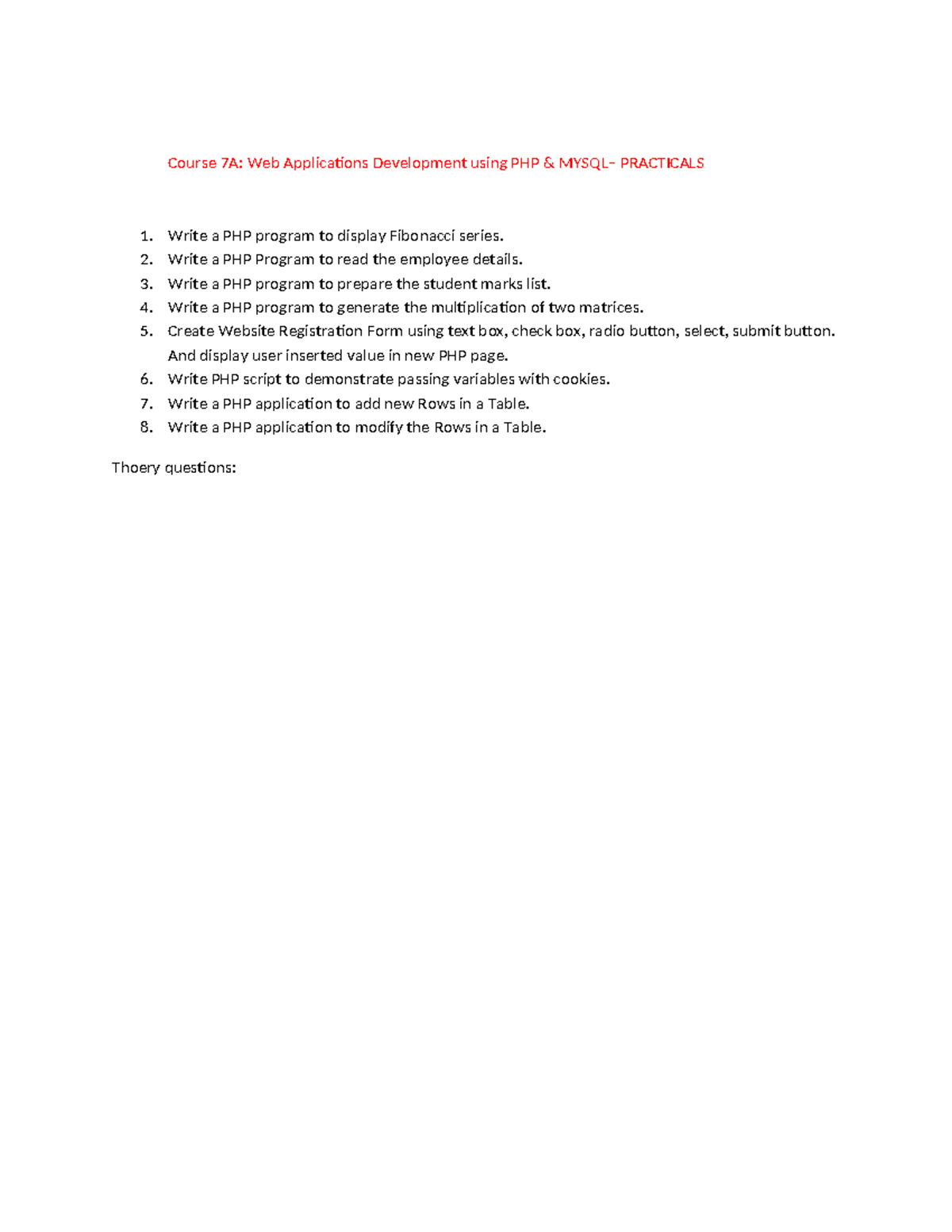 PHP- Practicals AND Questions - Course 7A: Web Applications Development ...