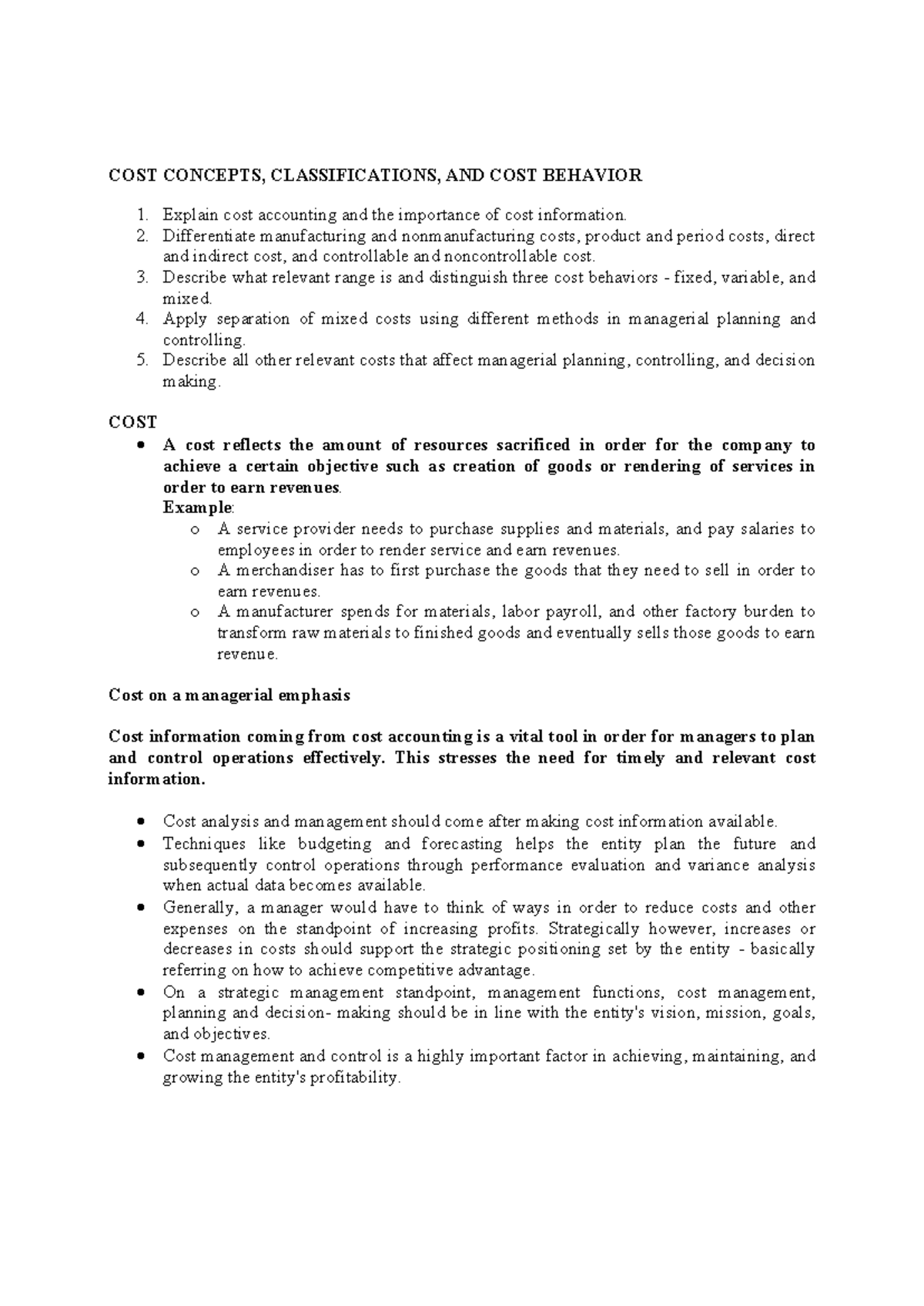 COST CONCEPTS, CLASSIFICATIONS, AND BEHAVIOR: LECTURE NOTES #2 - Studocu