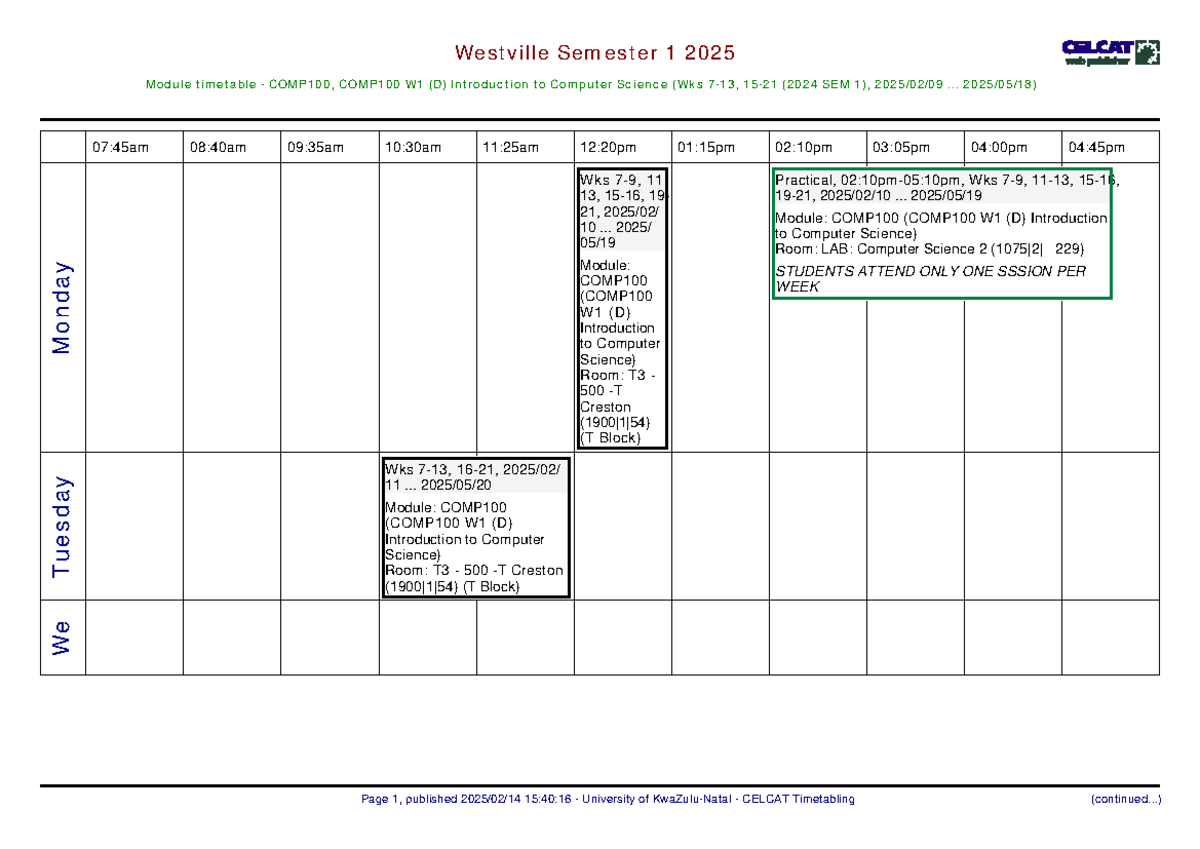 M2922 - Timetable - Westville Semester 1 2025 Module timetable ...