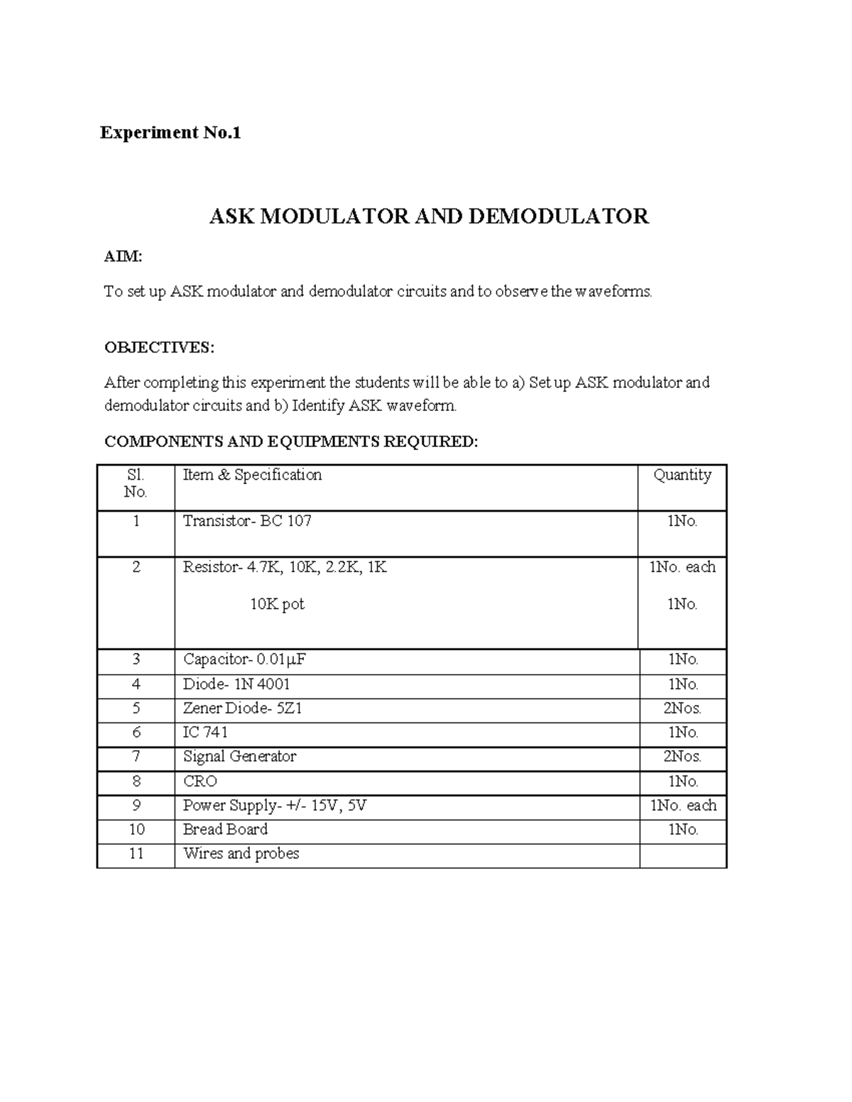 DC LAB PART A - ASK, FSK, and BPSK Modulator/Demodulator Experiments ...