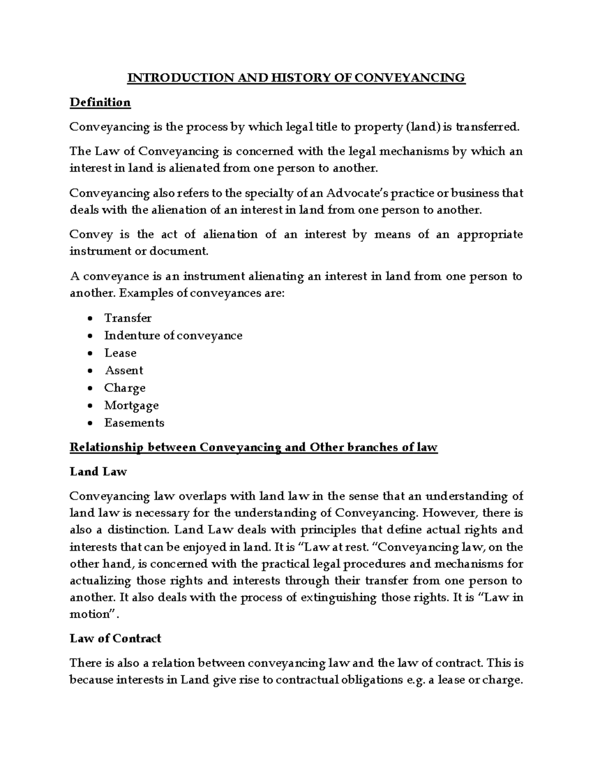 Introduction and History of Conveyancing (LAW 101: Lecture Notes) - Studocu