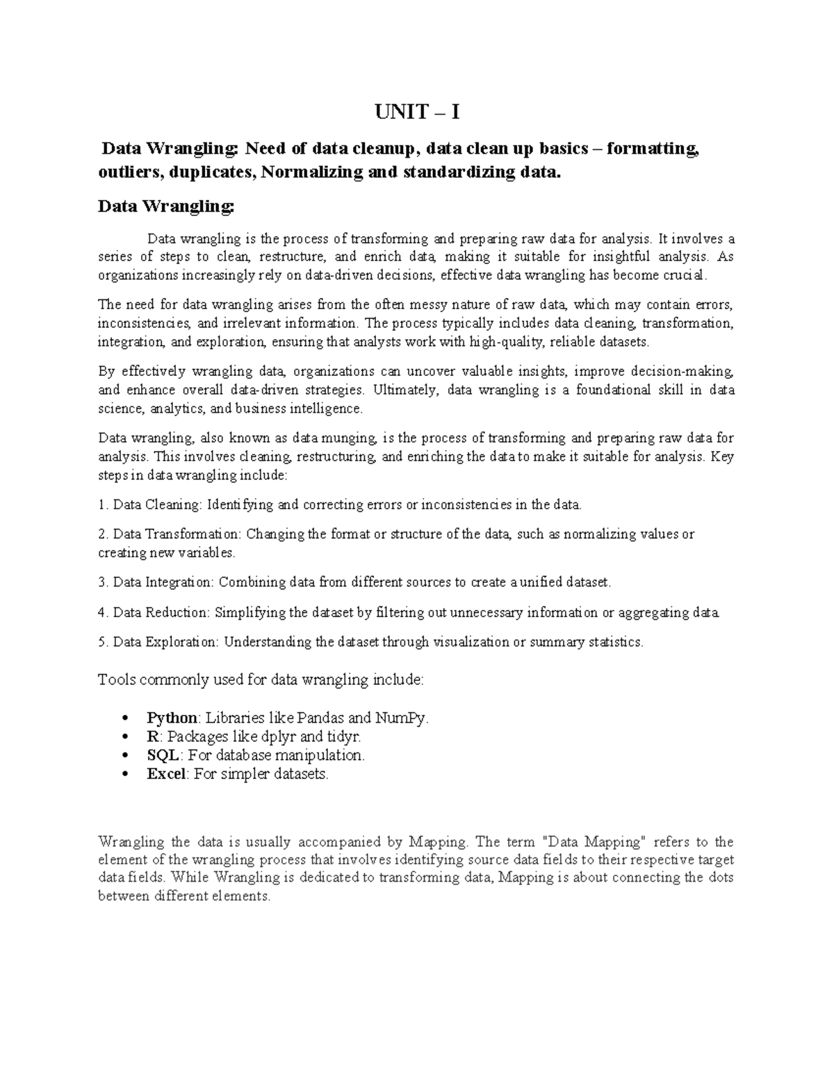DWDV - Comprehensive Data Wrangling and Cleanup Notes - Studocu