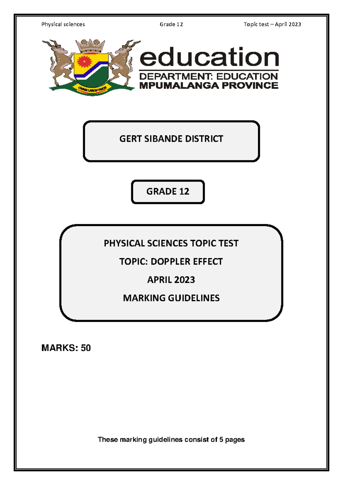 Grade 12 Physical Sciences Topic Test Memo: Doppler Effect April 2023 ...