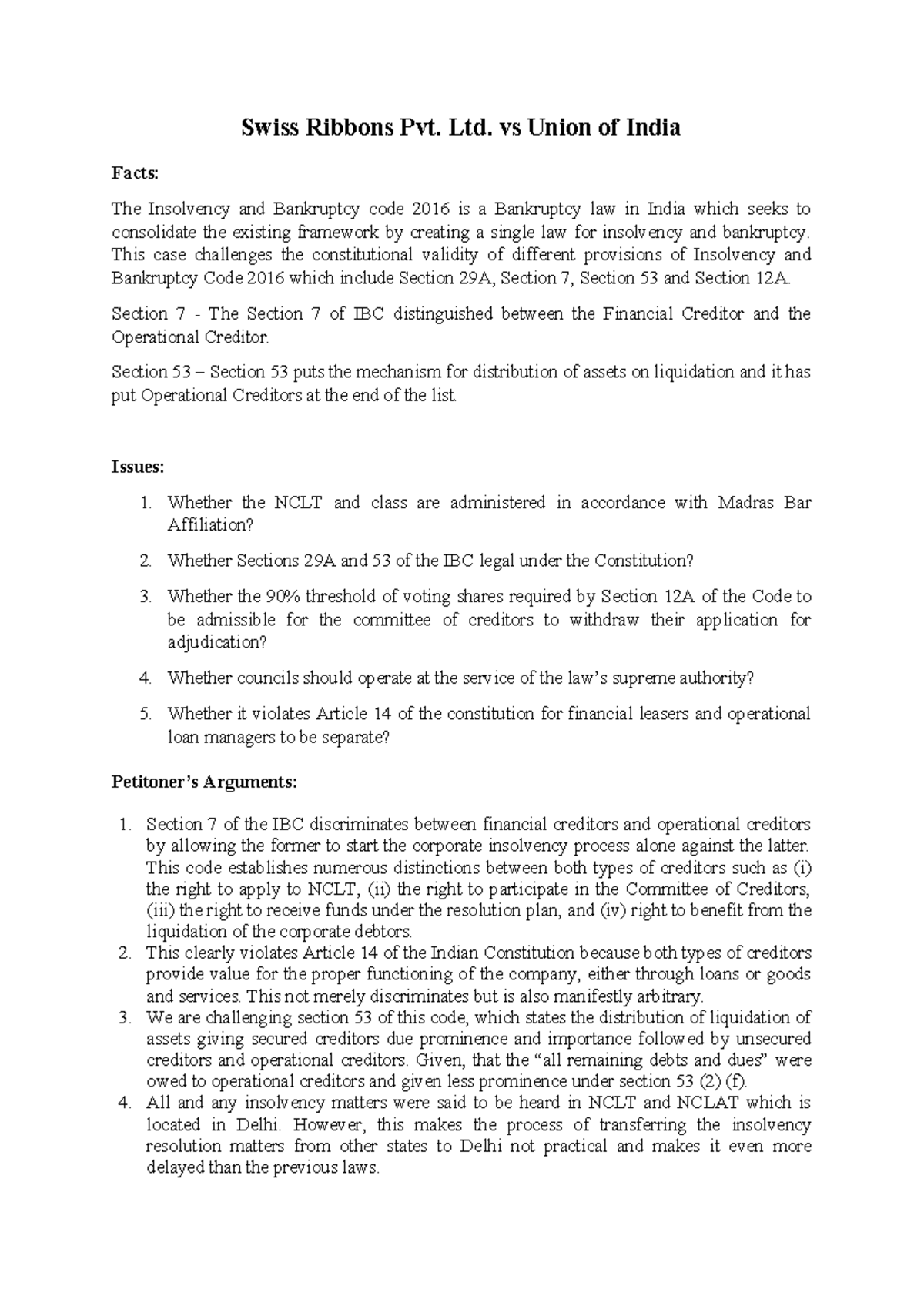 Swiss Ribbons Pvt. Ltd. vs Union of India: IBC Case Analysis (Group 4 ...