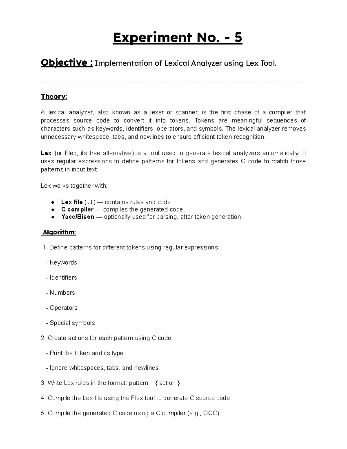 Lexical Analyzer Implementation Guide for Compiler Design -5 - Studocu