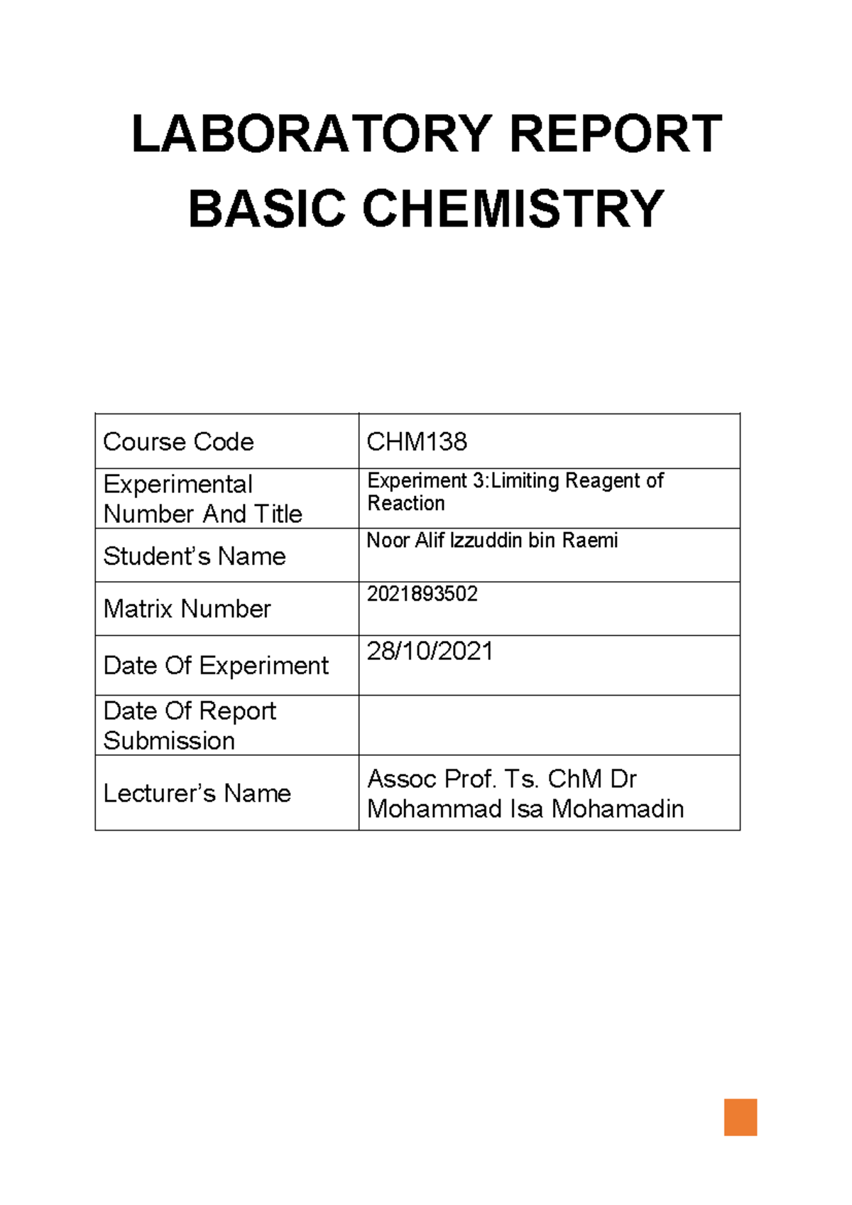LAB Report: Experiment 3 - Limiting Reagent Analysis (CHM138) - Studocu