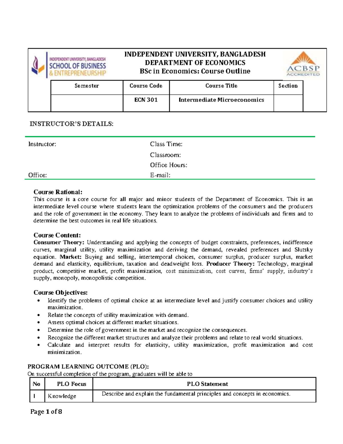 ECN 301 Intermediate Microeconomics Course Outline and Details - Studocu