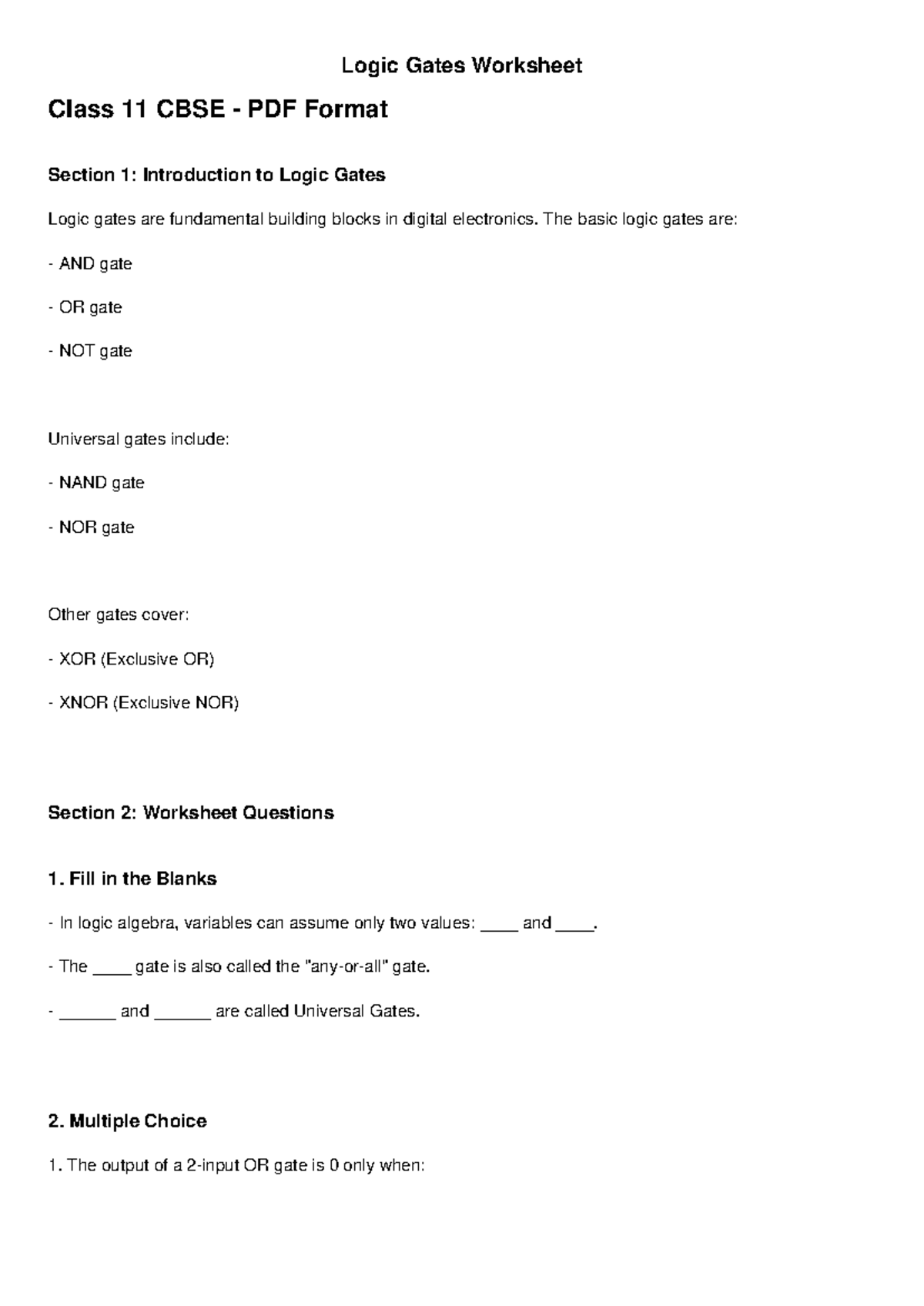 Logic Gates Worksheet Class 11 CBSE: Key Concepts & Exercises - Studocu