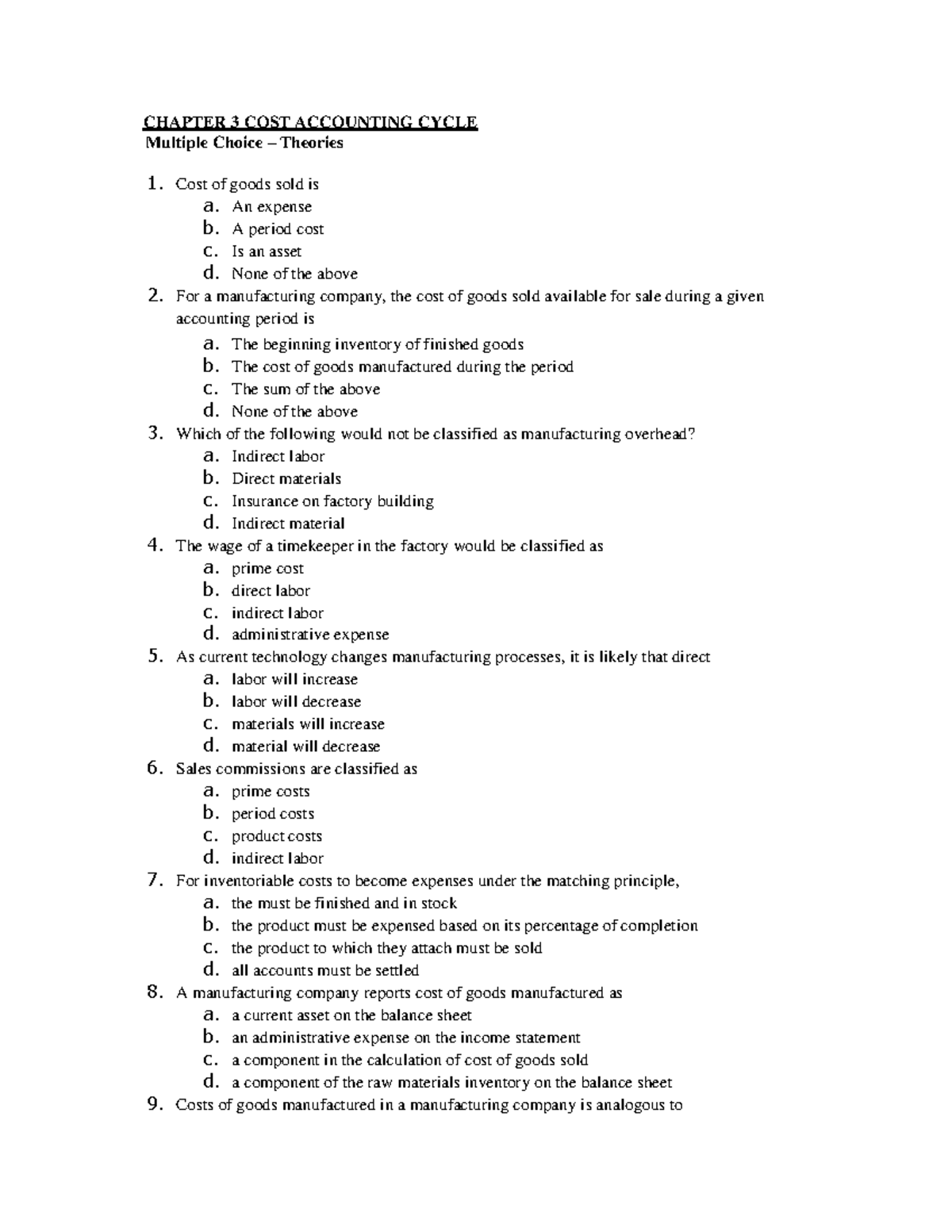 Cost Accounting Cycle: Q&A and Problem Set Review - Studocu