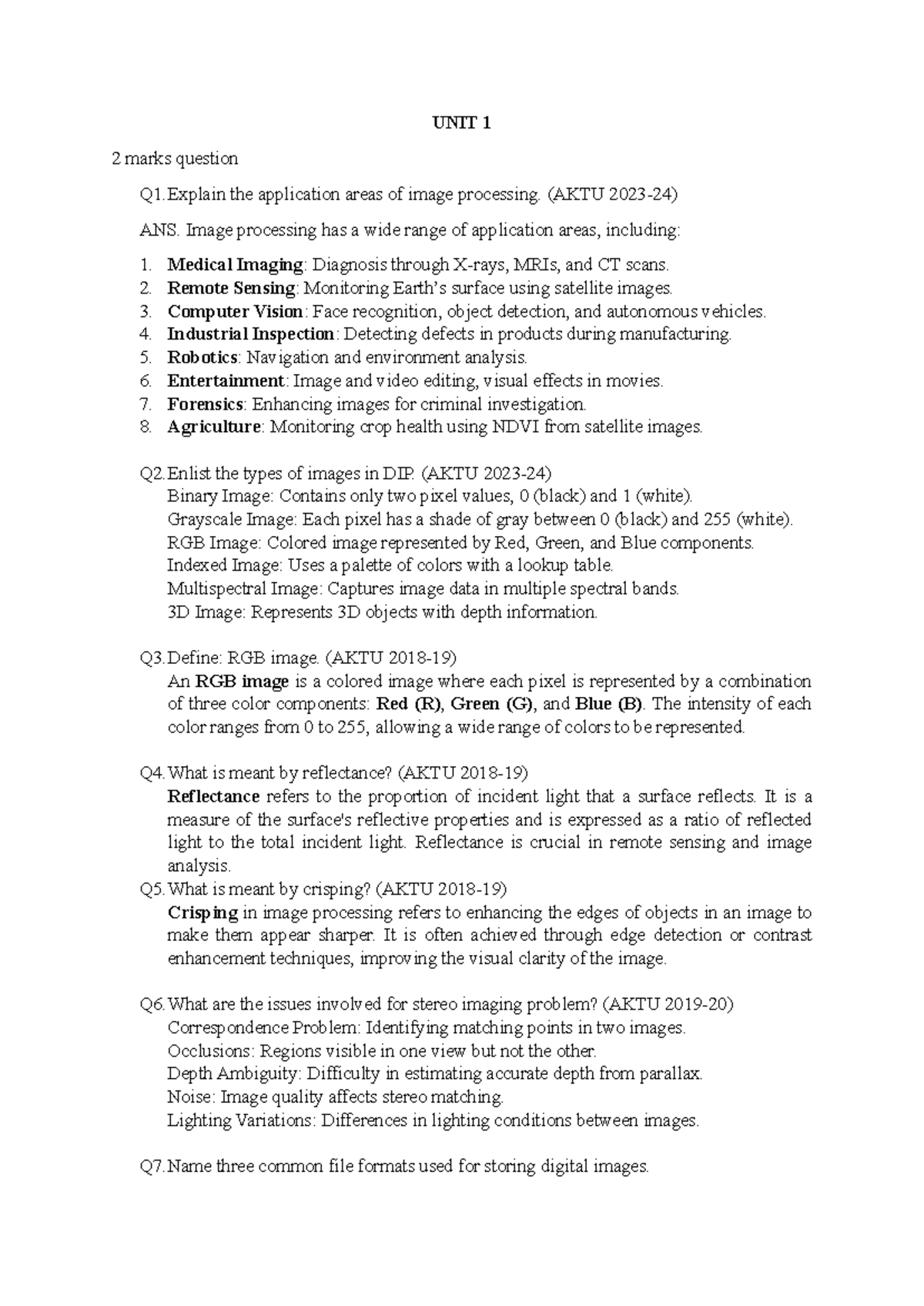 DIP UNIT 1: Key Concepts and Applications in Image Processing - Studocu