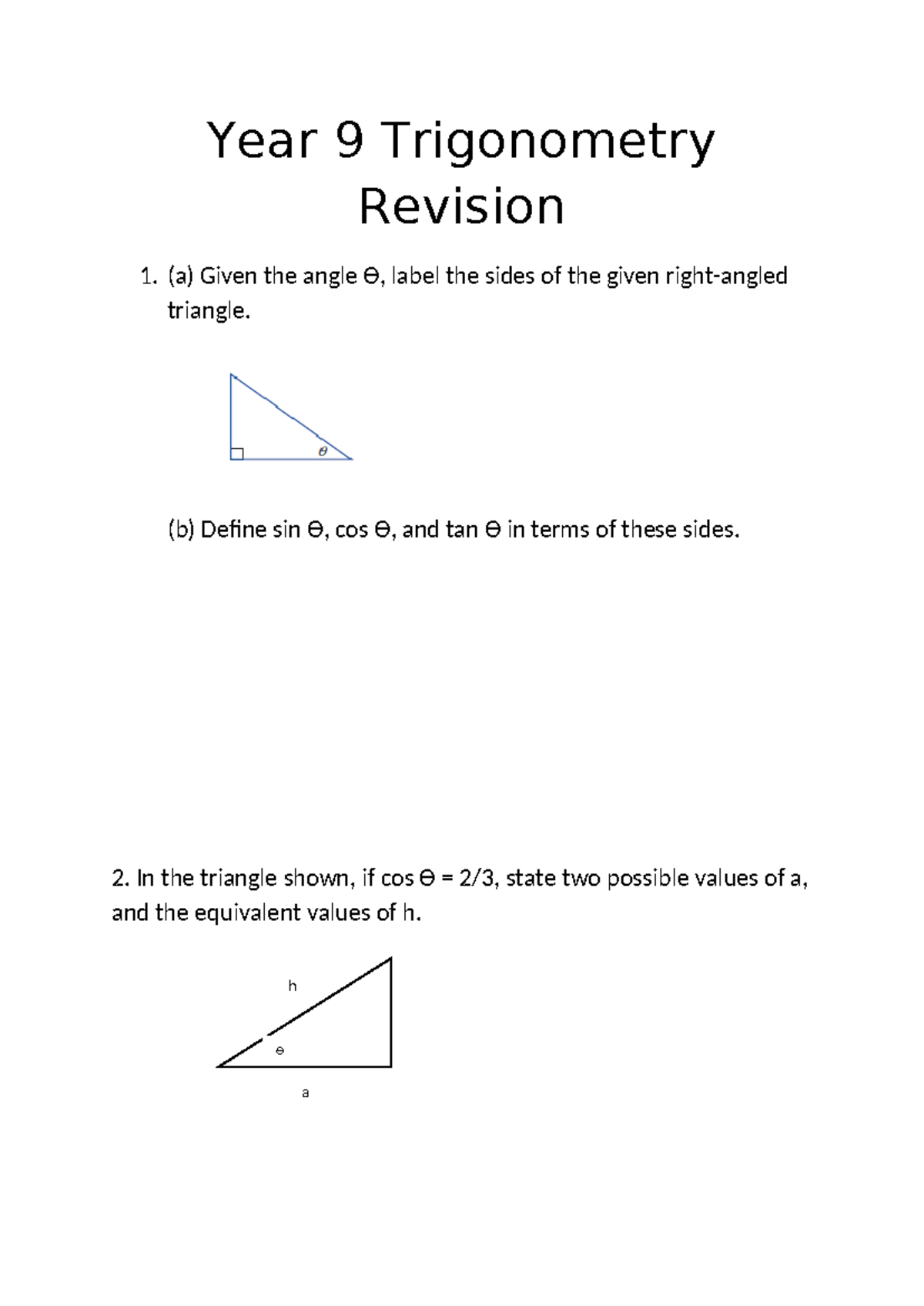 Year 9 Trigonometry Revision Notes: Key Concepts & Problems - Studocu