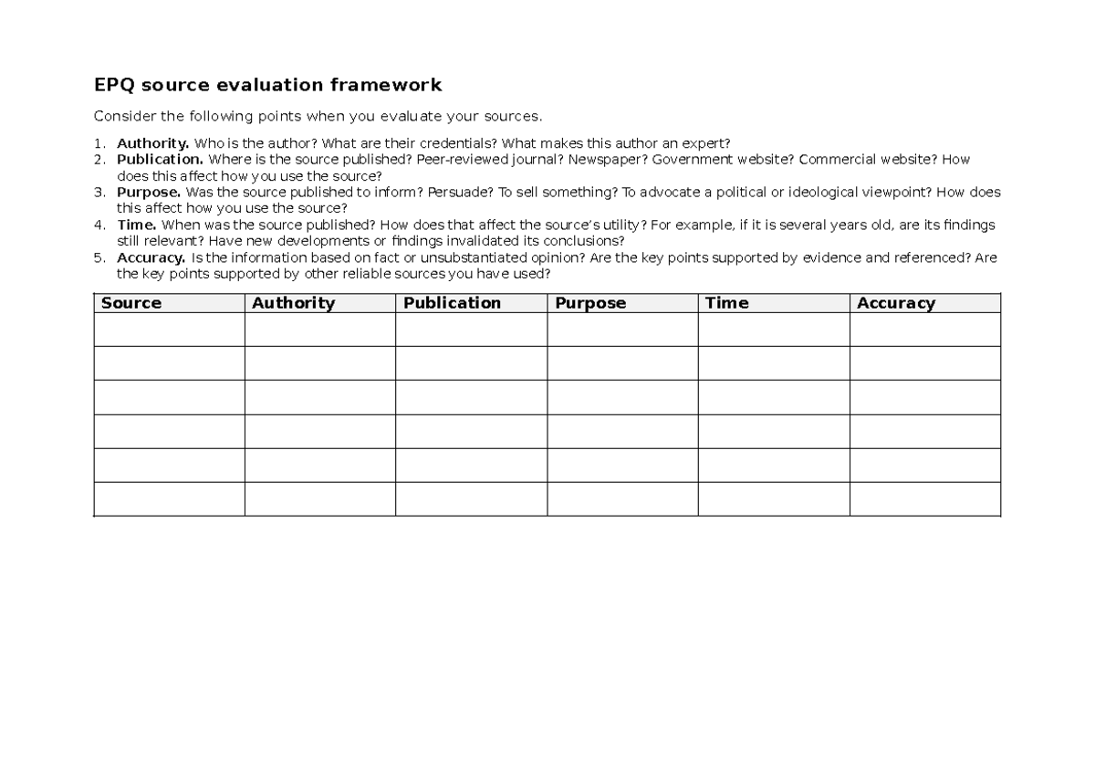 EPQ Source Evaluation Framework: Assessing Authority, Purpose ...