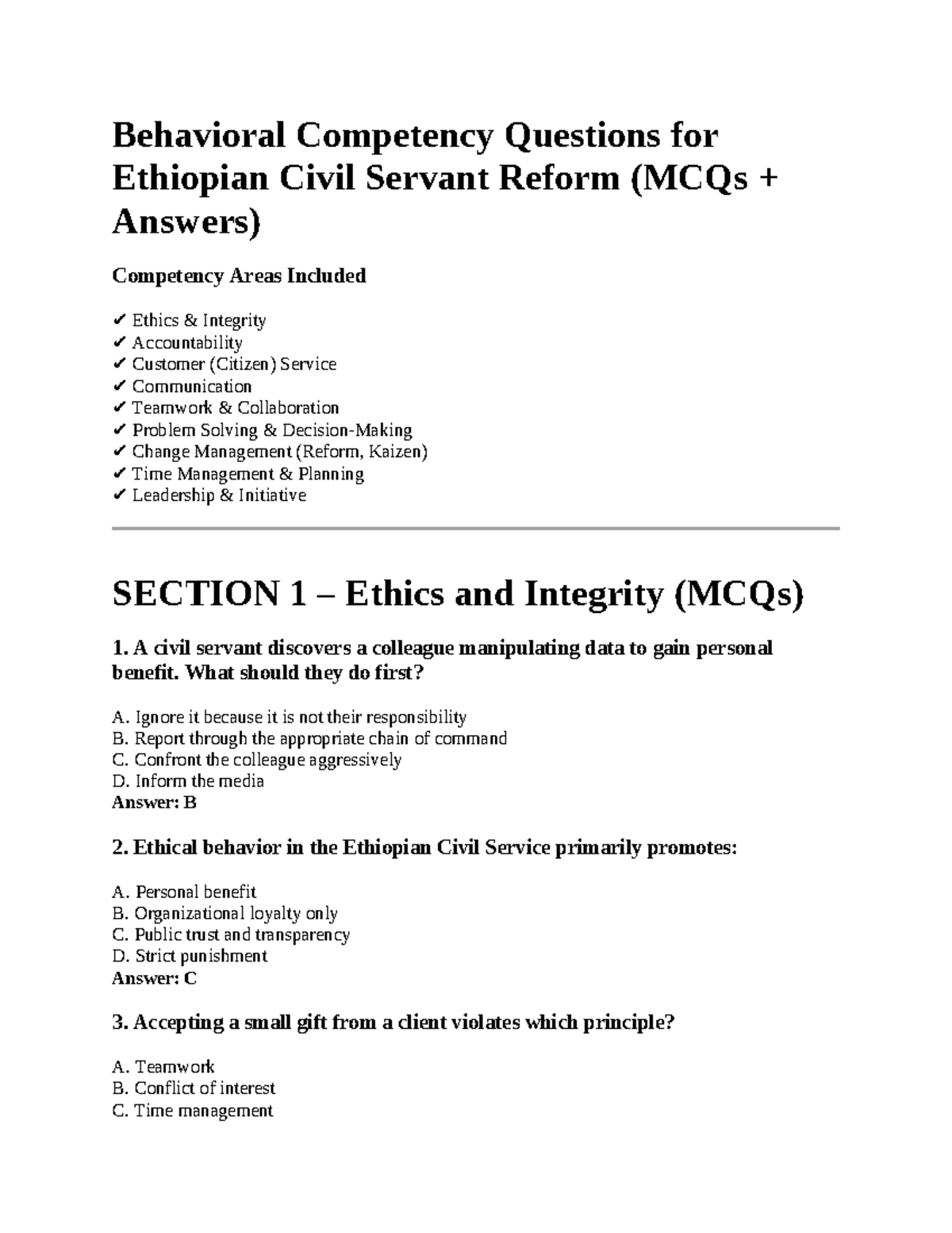 Behavioral Competency MCQs for Ethiopian Civil Servants (RCR 101) - Studocu