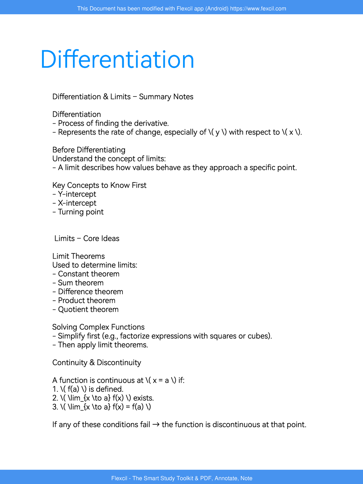 Differentiation Concepts and Limits Overview (MATH 101) - Studocu