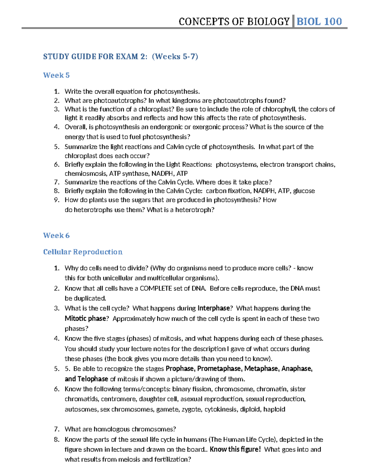 Study Guide for Exam 2: Concepts of Biology BIOL 100 - Studocu