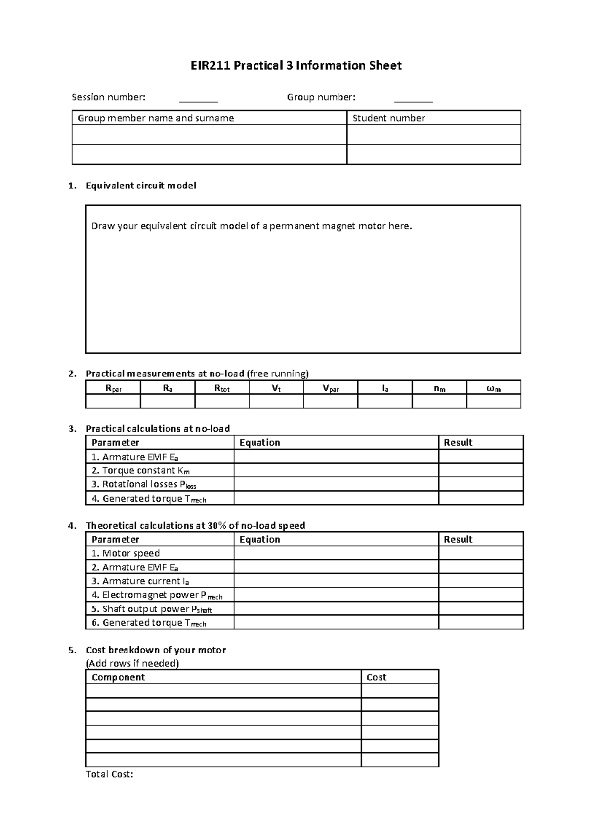 EIR211 Practical 3 Info Sheet: Motor Circuit & Measurements 2025 - Studocu