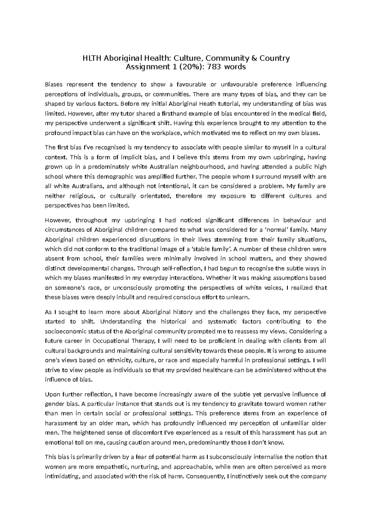 HLTH Aboriginal Health Assignment 1: Reflection on Biases and ...