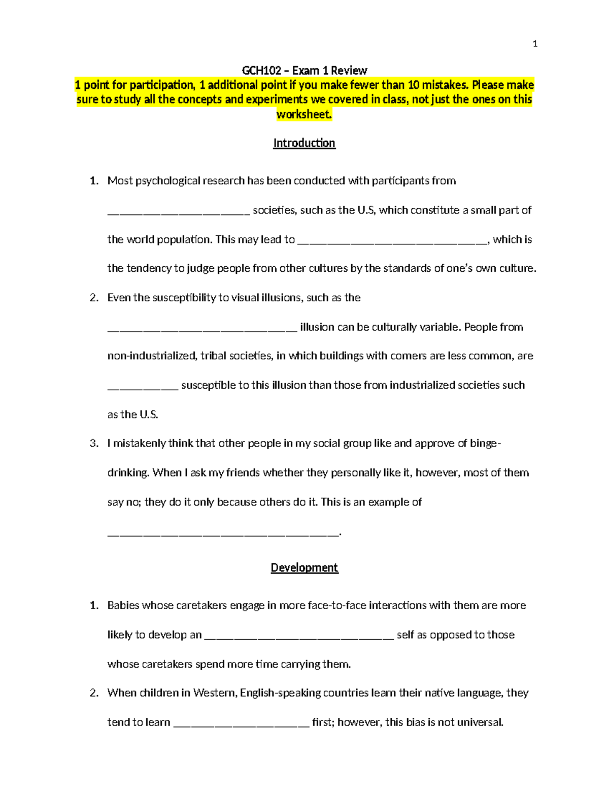 Midterm Review Notes for GCH102: Psychology Exam 1 Summary - Studocu