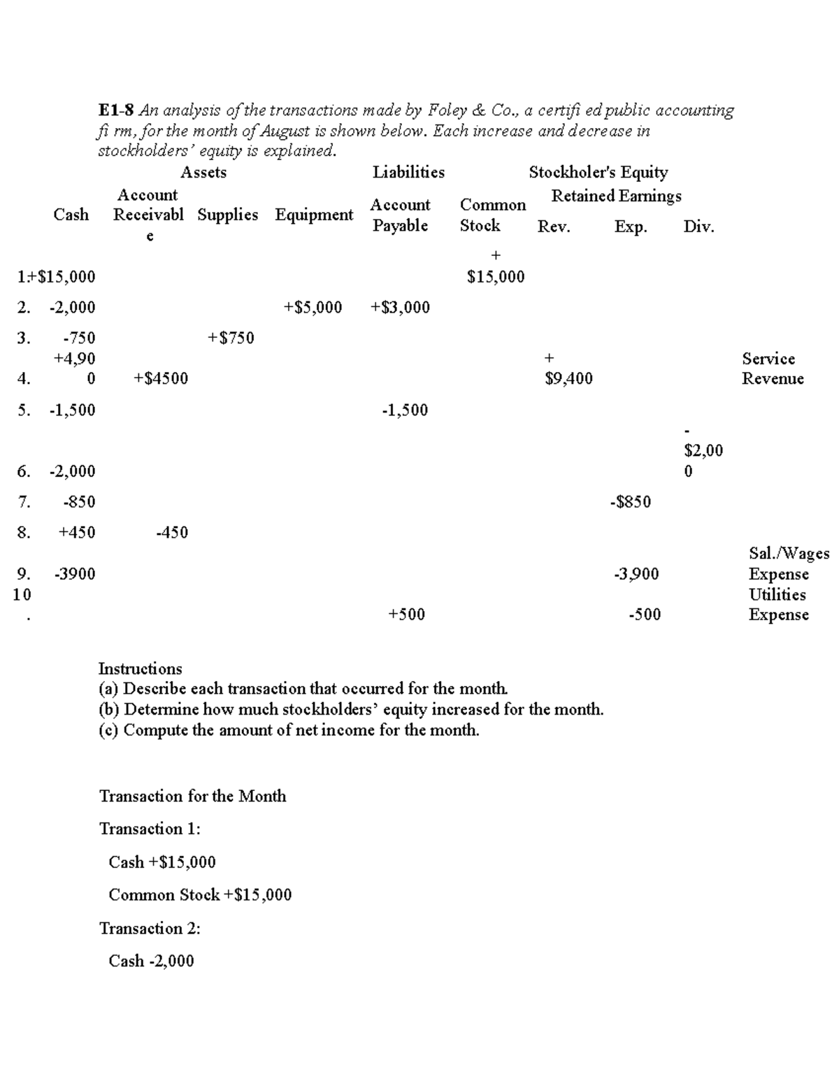Exercises (page 38-40) (E1-8, E1-17) - E1-8 An analysis of the ...