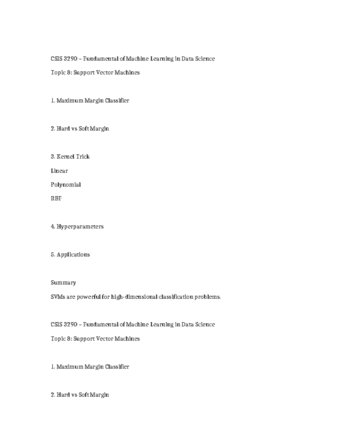 CSIS 3290 Study Notes: Topic 8 - Support Vector Machines Overview - Studocu