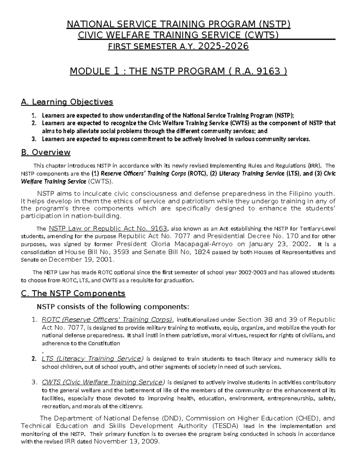 NSTP-CWTS 1 Module 1: Understanding the National Service Training ...