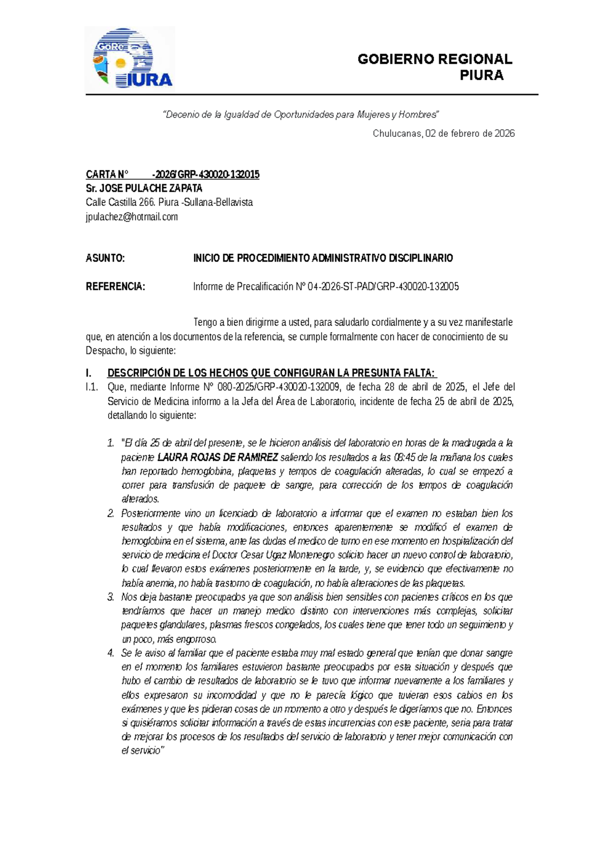 Carta de Inicio de Procedimiento Administrativo Disciplinario ...