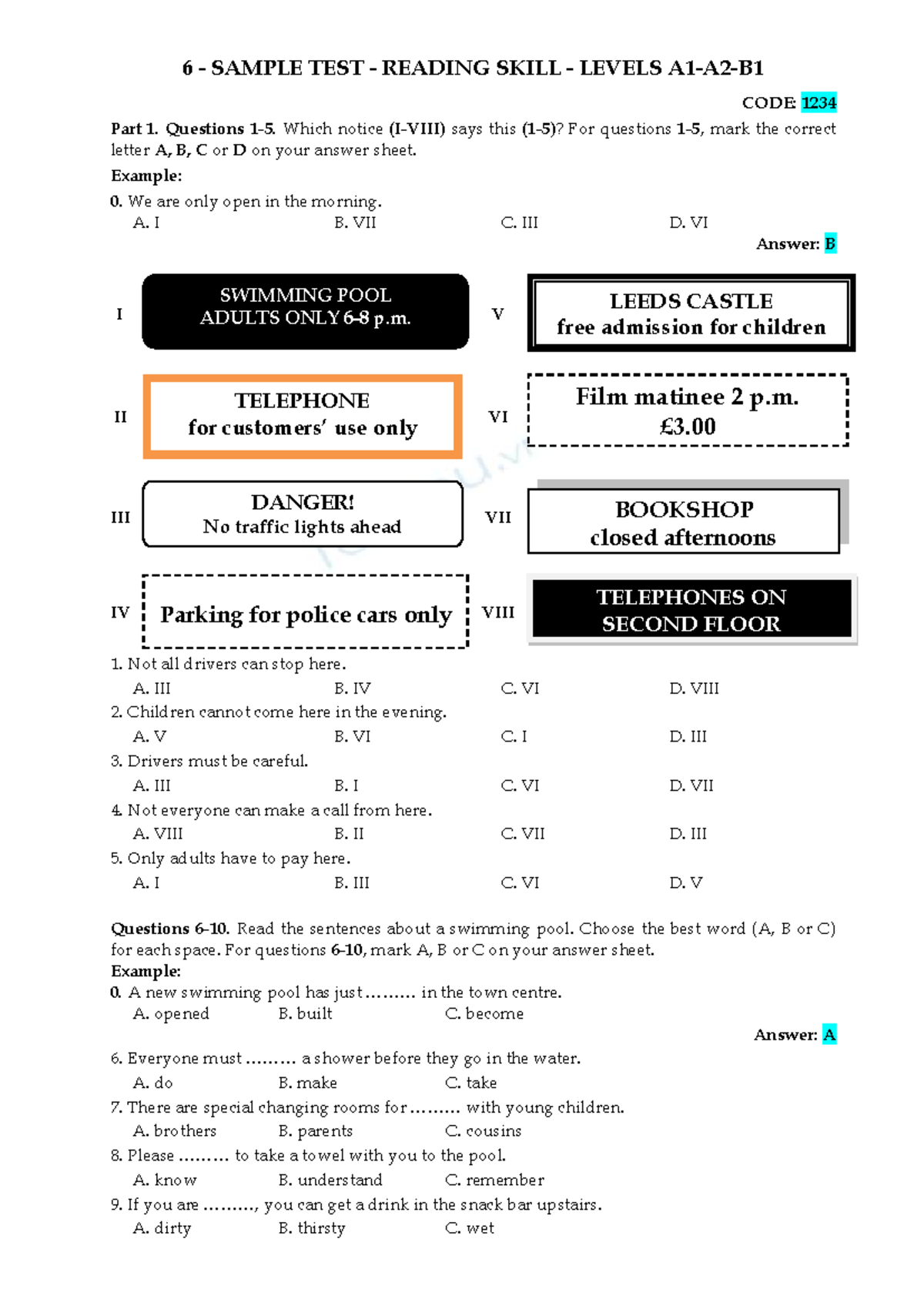 6 SAMPLE TEST READING SKILL LEVELS CODE: 1234 - Practice Questions and ...