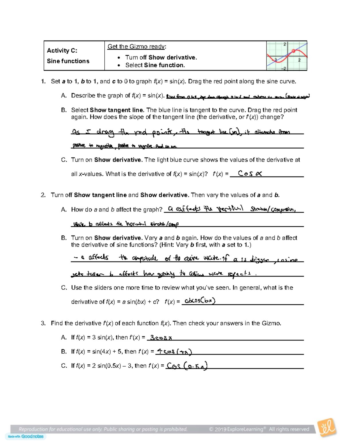 Calculus 5 - Gizmo activity: Exploring sine functions and derivatives ...