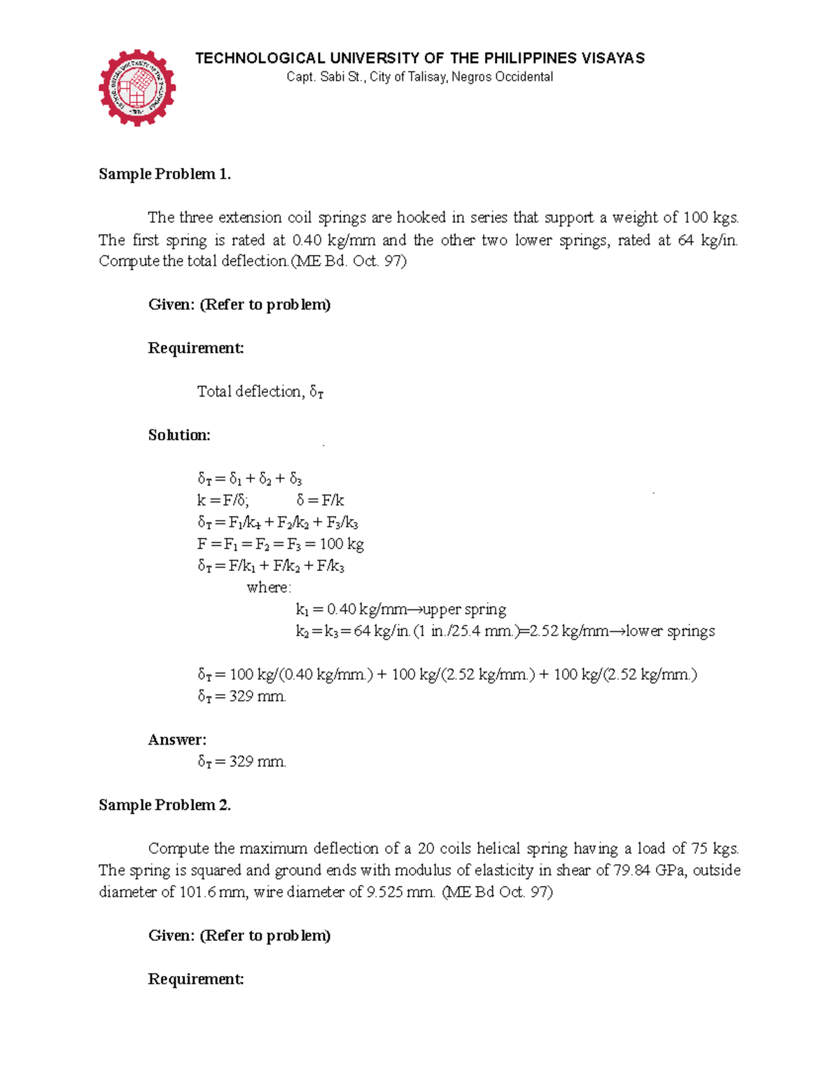 PME 415 Sample Problems on Spring Deflection Calculations - Studocu