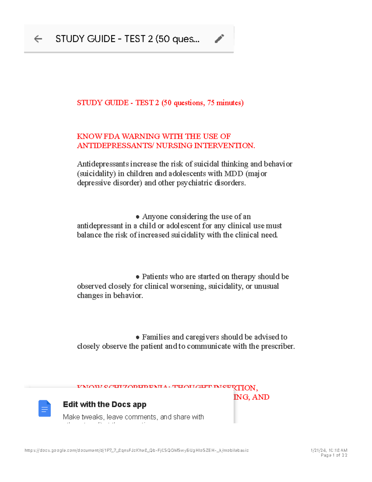 Psych Nursing Exam Study Guide: Test 2 (Focus on Schizophrenia) - Studocu