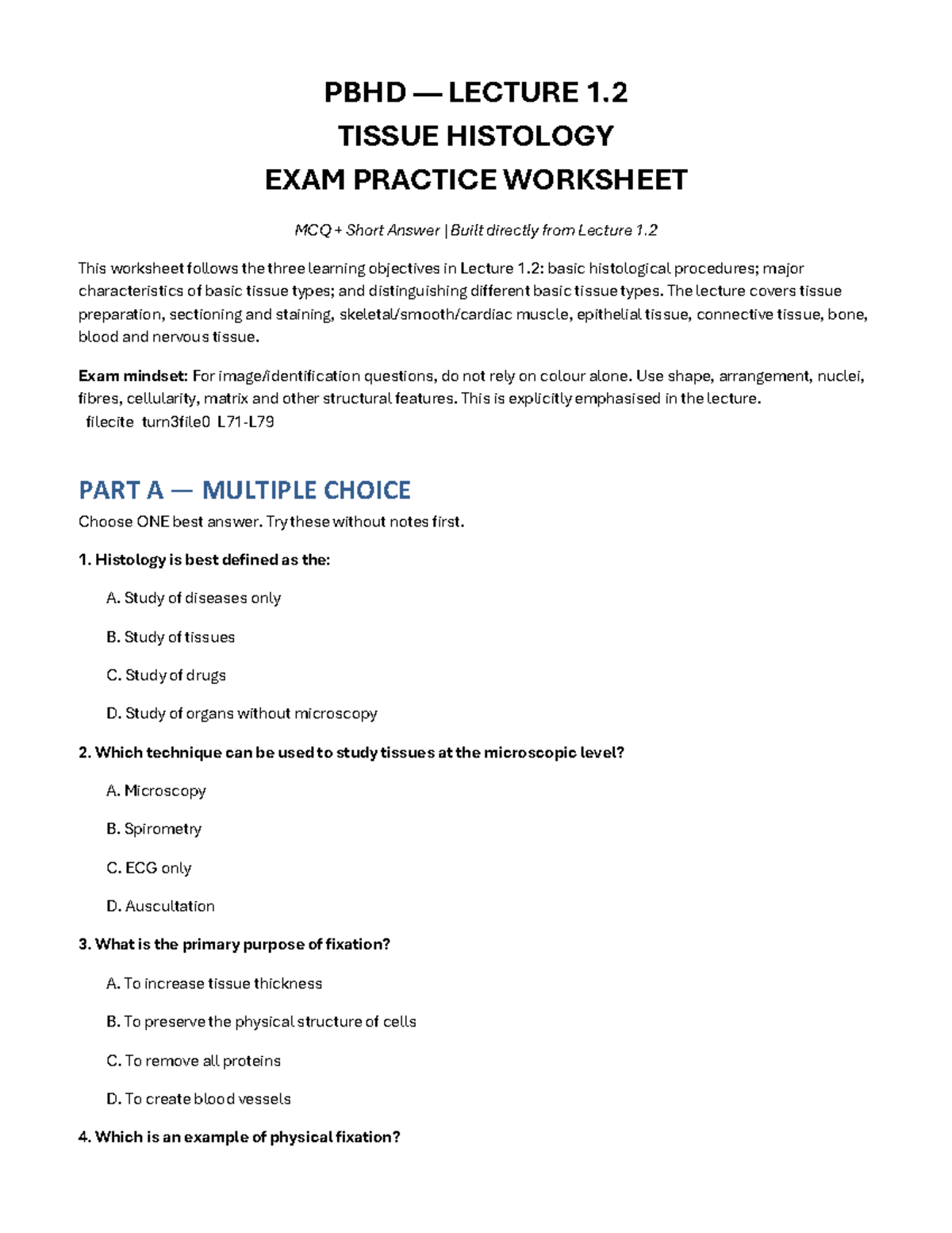 PBHD LECTURE 1.2 TISSUE HISTOLOGY EXAM PRACTICE WORKSHEET - Studocu