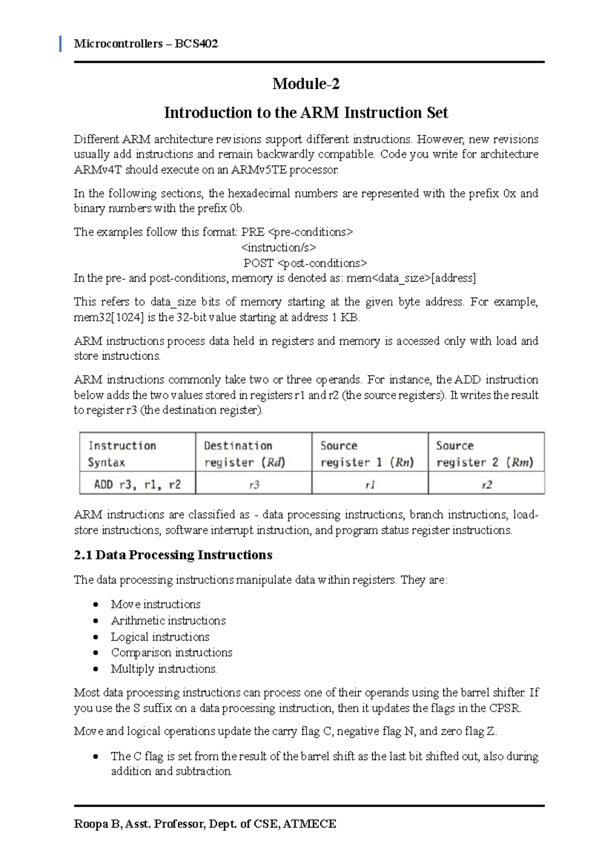Microcontrollers BCS402: ARM Instruction Set Overview and Examples ...