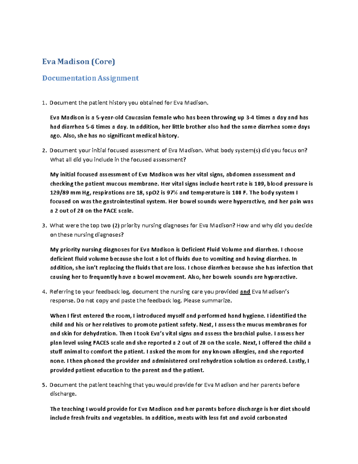 Vsim Documentation: Nursing Care for Eva Madison (Core) - Studocu
