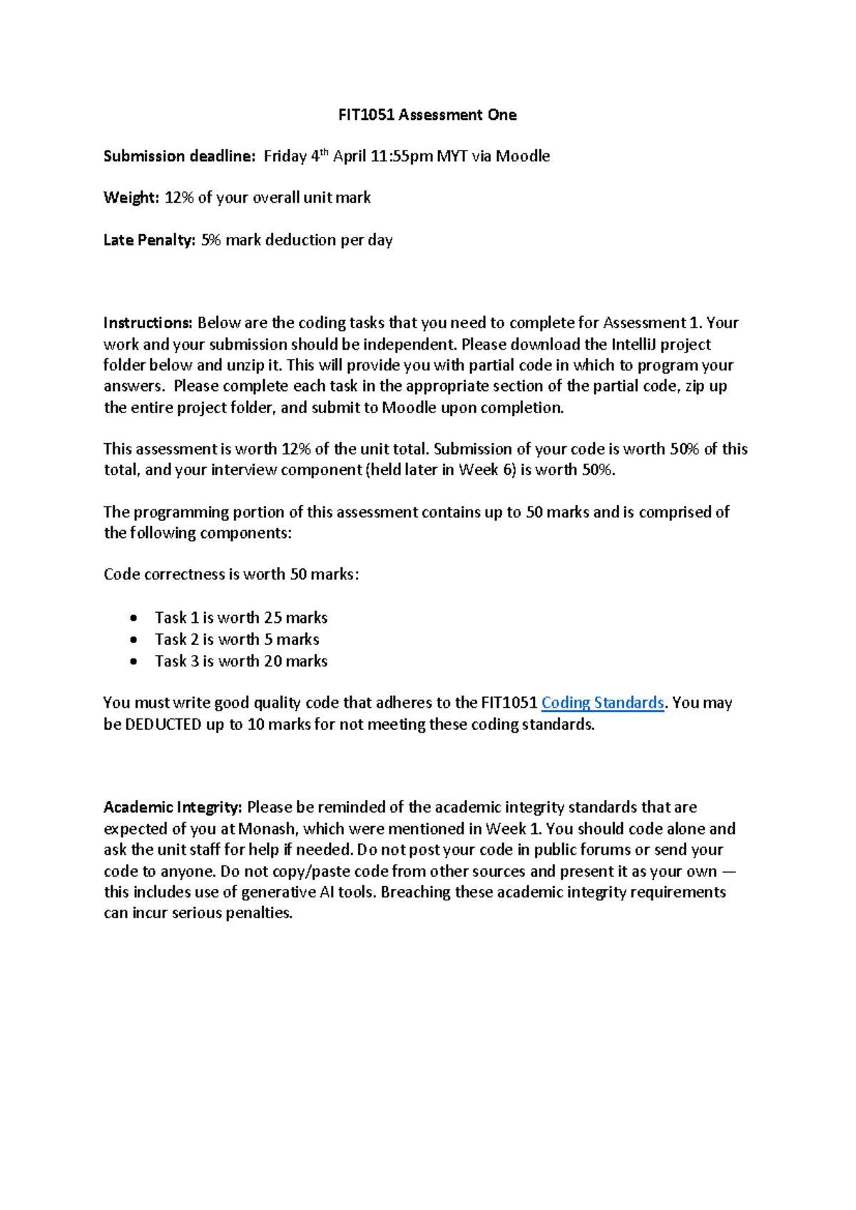 FIT1051 2025 S1 A1 2 - Coding Tasks for Assessment One - Studocu