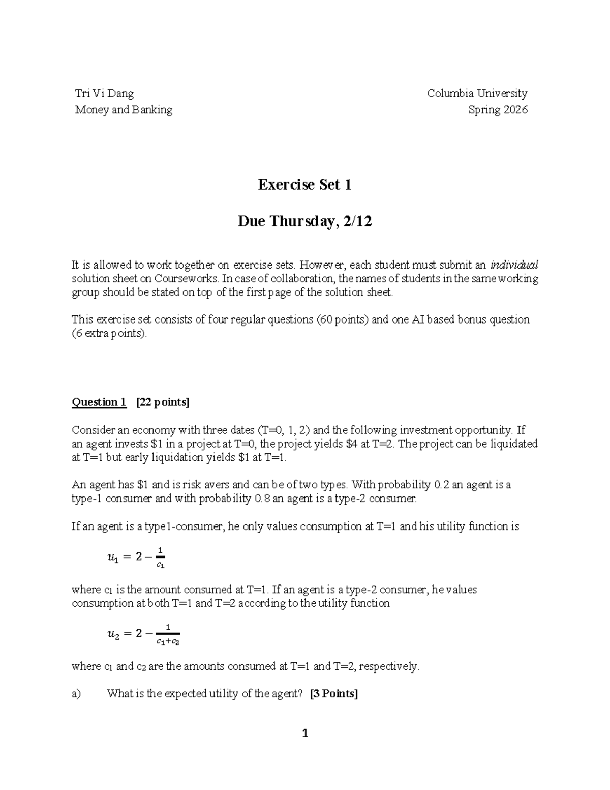 Columbia University Money and Banking (Spring 2026) Exercise Set 1 ...