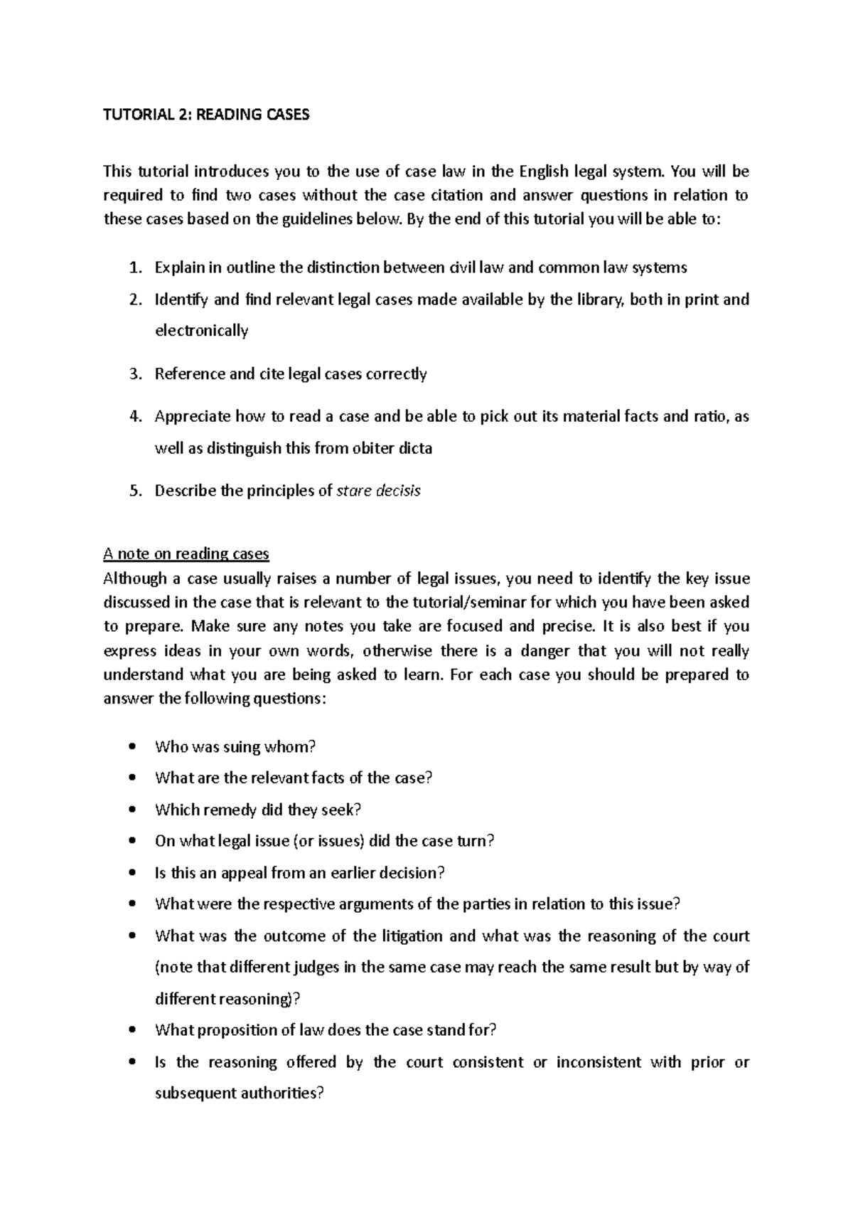 Tutorial 2 notes - TUTORIAL 2: READING CASES This tutorial introduces ...
