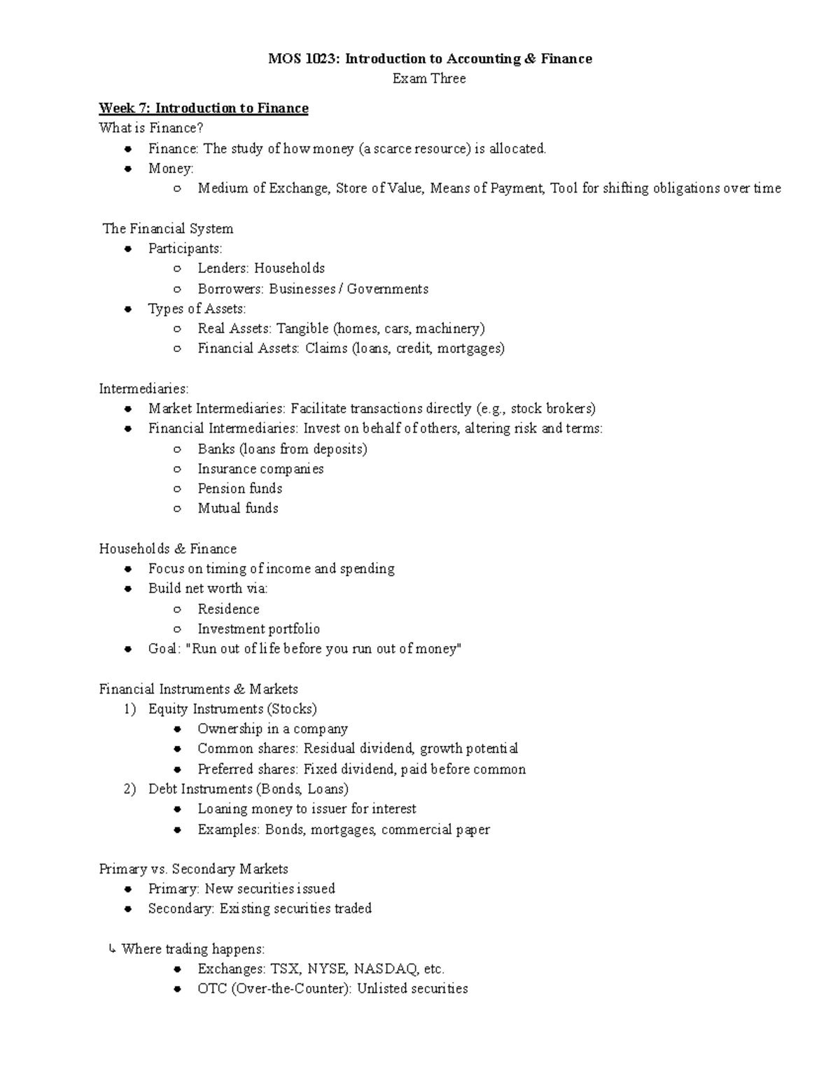 MOS 1023: Exam 3 Summary Notes on Finance, Mergers, and Taxation - Studocu