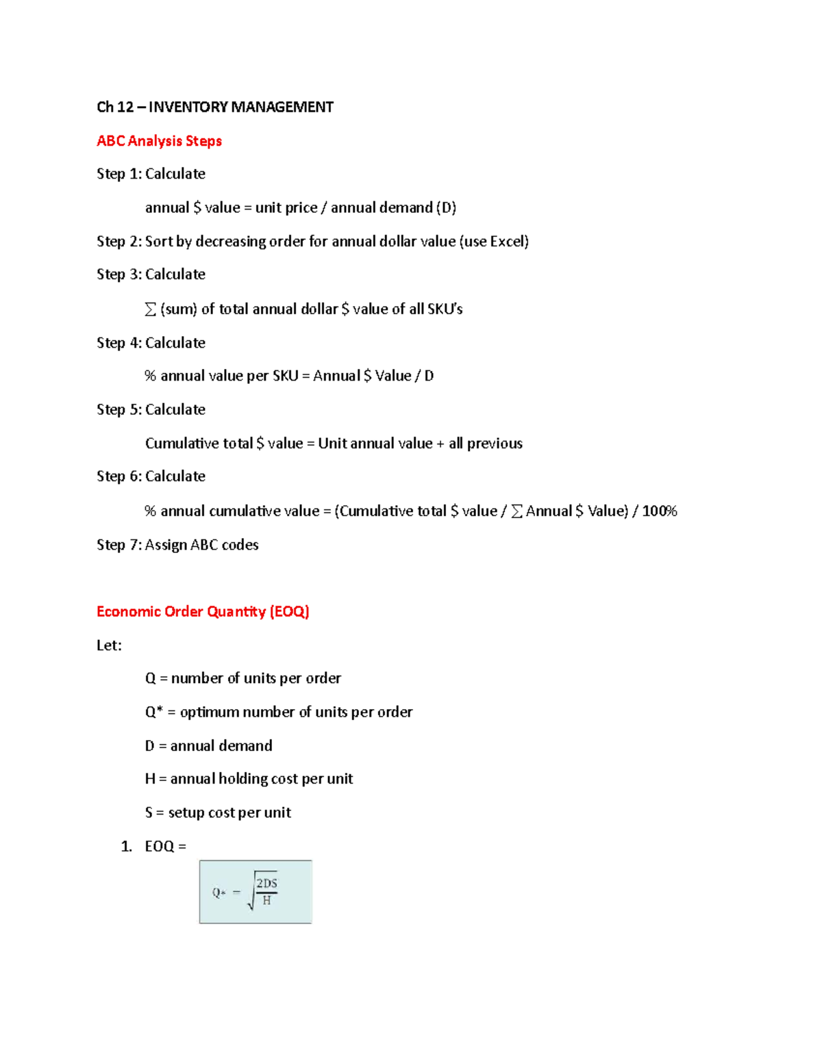 Ch 12 Inventory Management Formulas - SDSU Bolton Class - Studocu