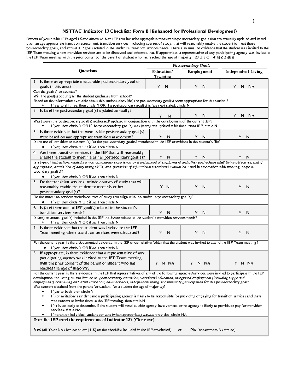 Nsttac Transition Checklist Form B 1328642372 - 1 NSTTAC Indicator 13 ...