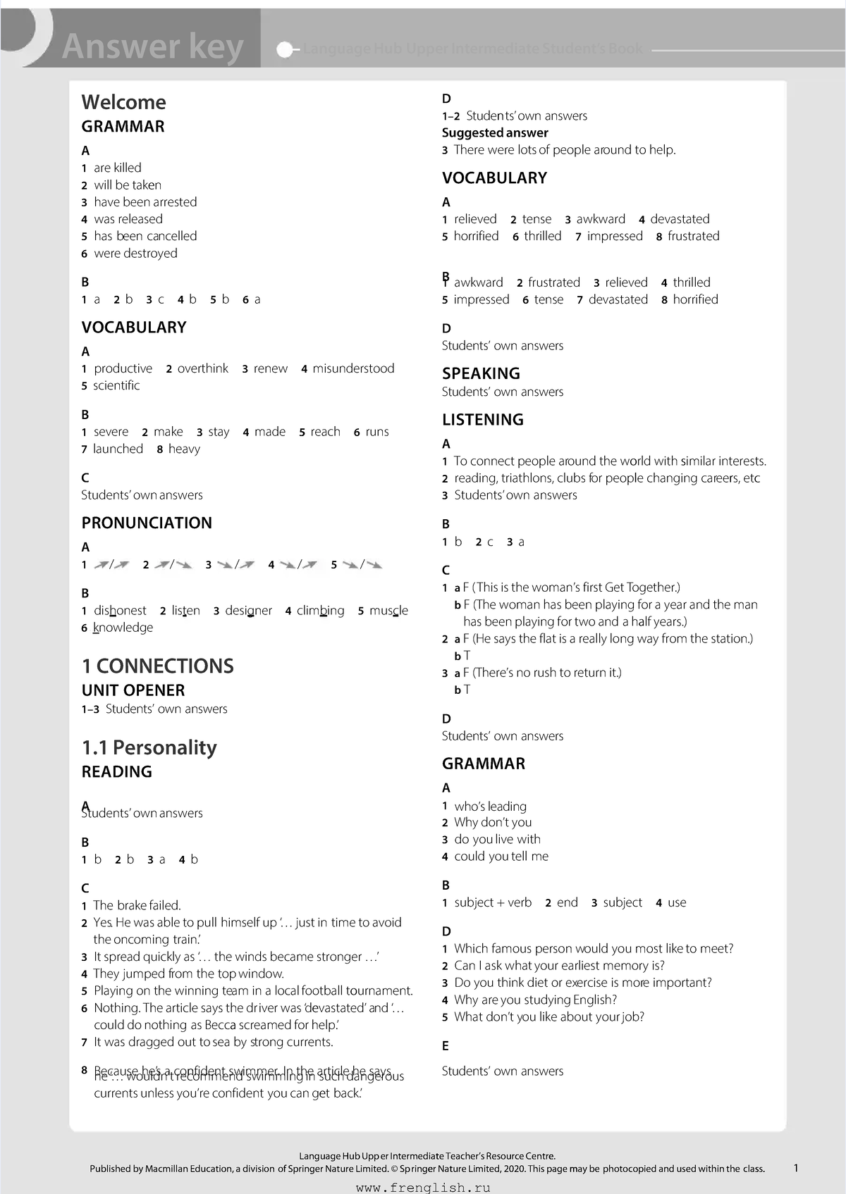Language Hub Upper Intermediate - Answer Key for Students' Book - Studocu